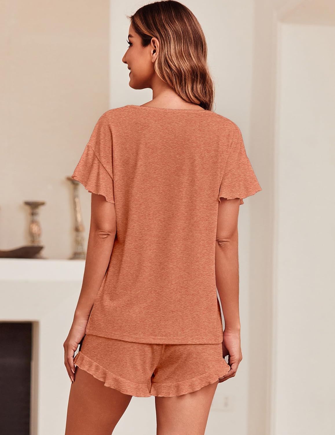 Ekouaer Teddy Ruffle Sleeves Top and Short Soft 2 Piece Set