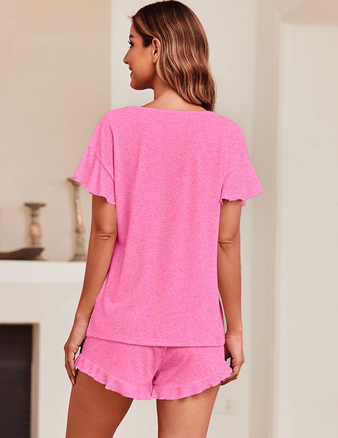 Ekouaer Teddy Ruffle Sleeves Top and Short Soft 2 Piece Set