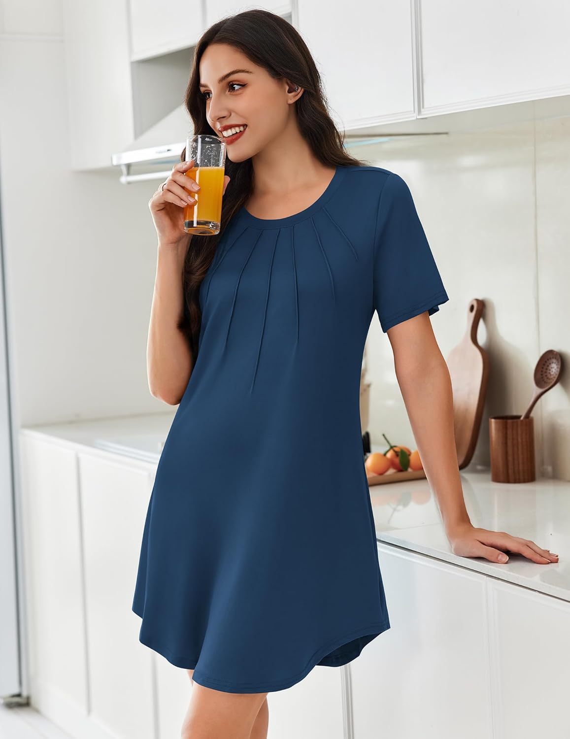 Pleated Nightshirts Short Sleeve Soft Sleepdress