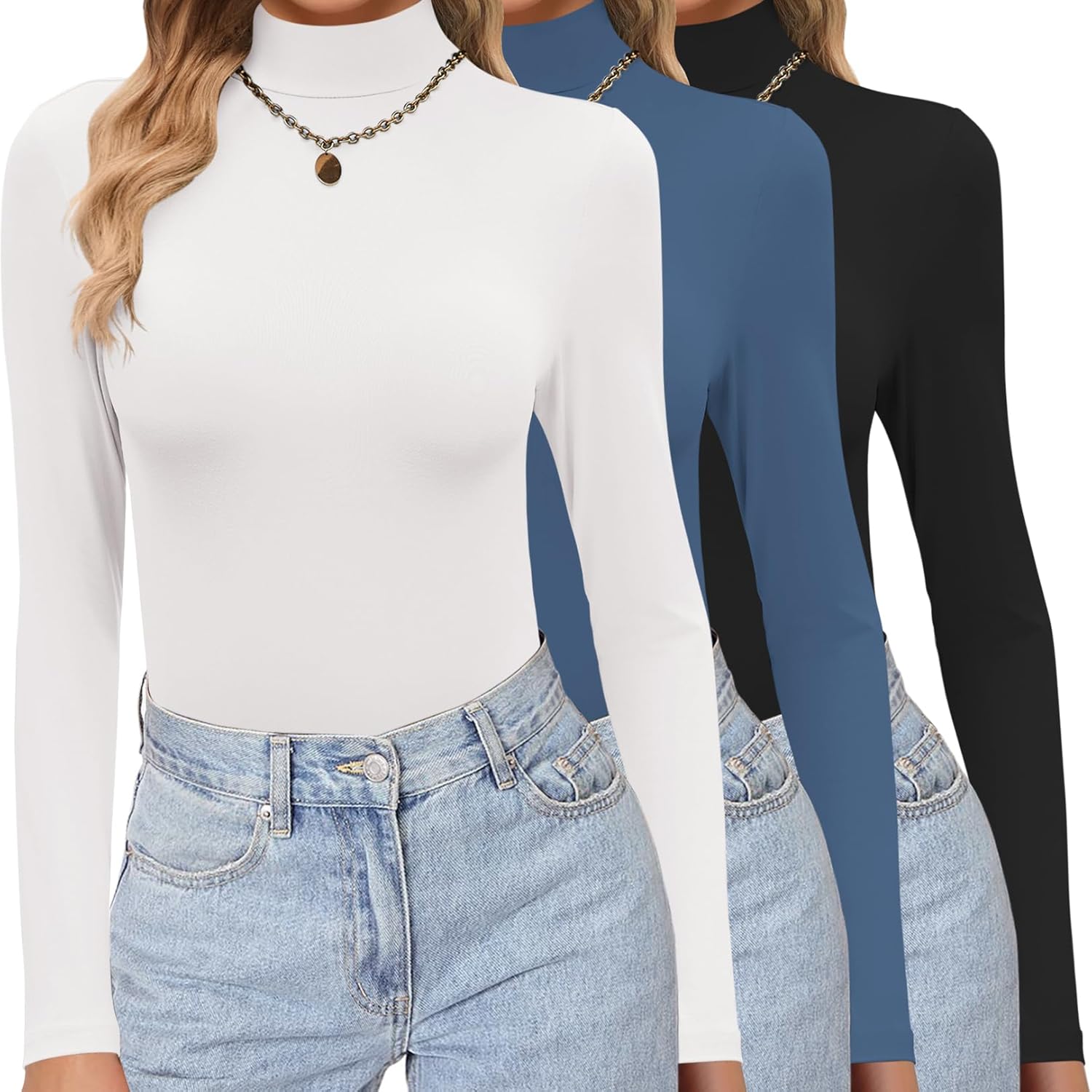 Ekouaer 3 Pack Turtleneck Shirts Long Sleeve Mock Tops
