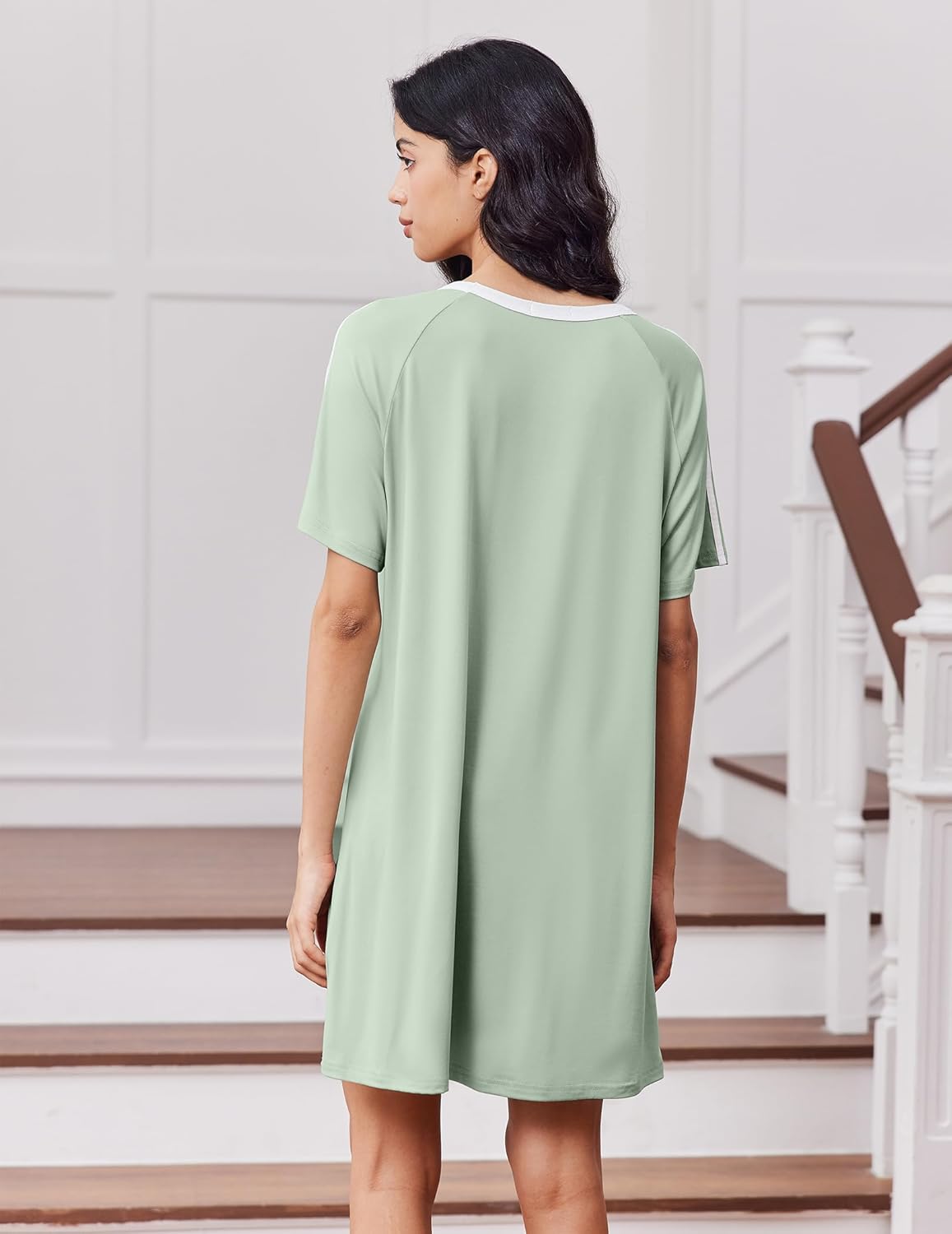 Mint green sleep dress with crew neck and short sleeves, back view