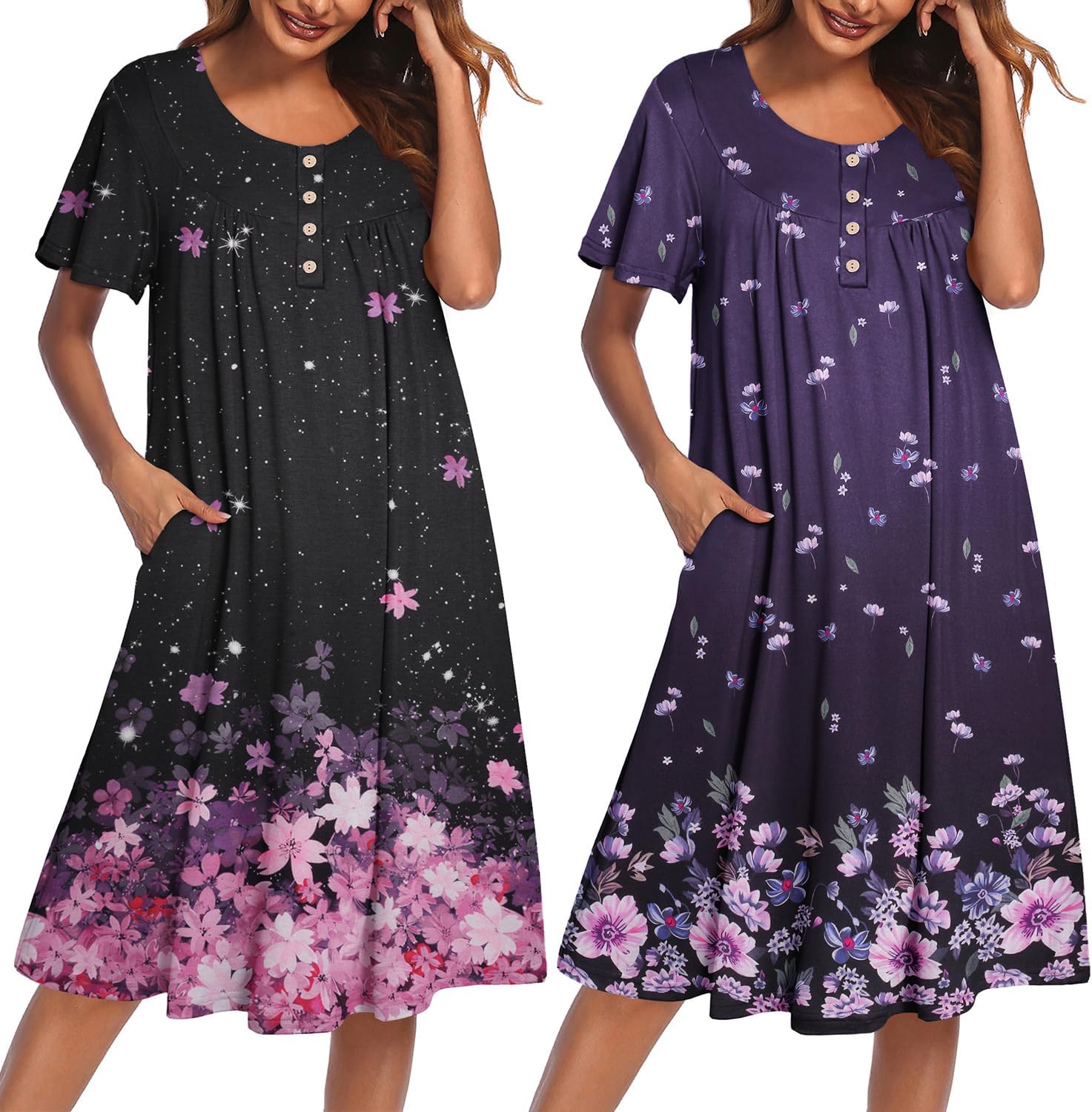 2-pack plus size mumu nightgown, black pink floral and purple floral button front