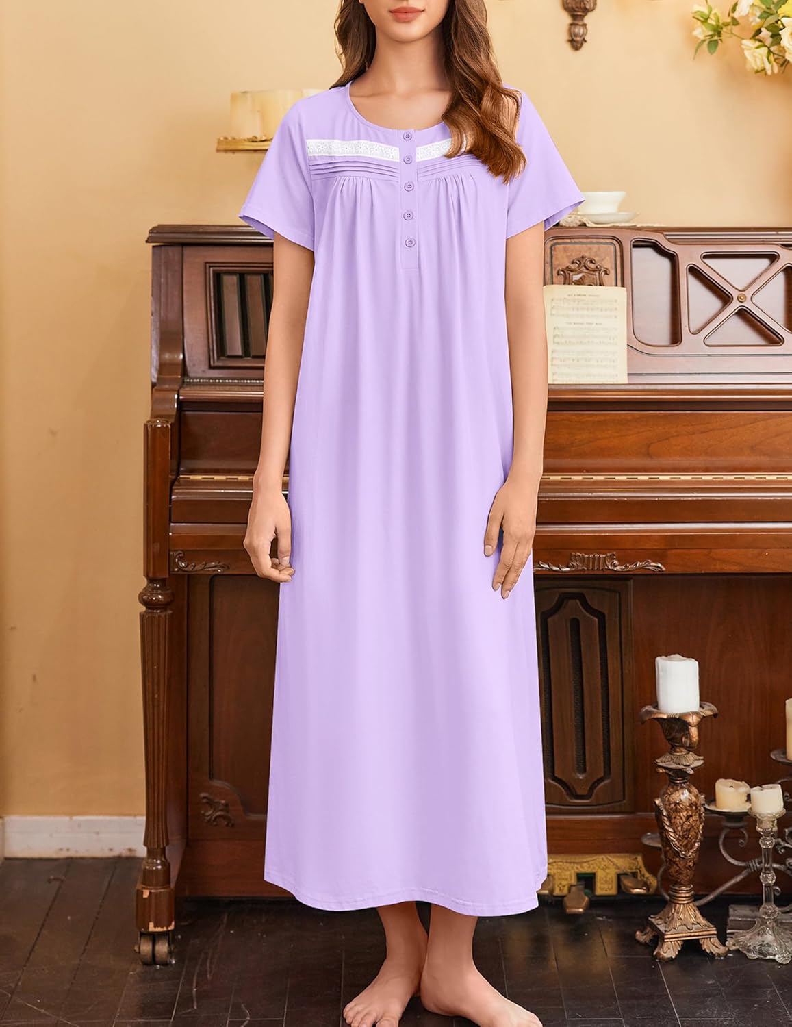 Cotton Long Night Gown Short Sleeve Nightdress with Pockets