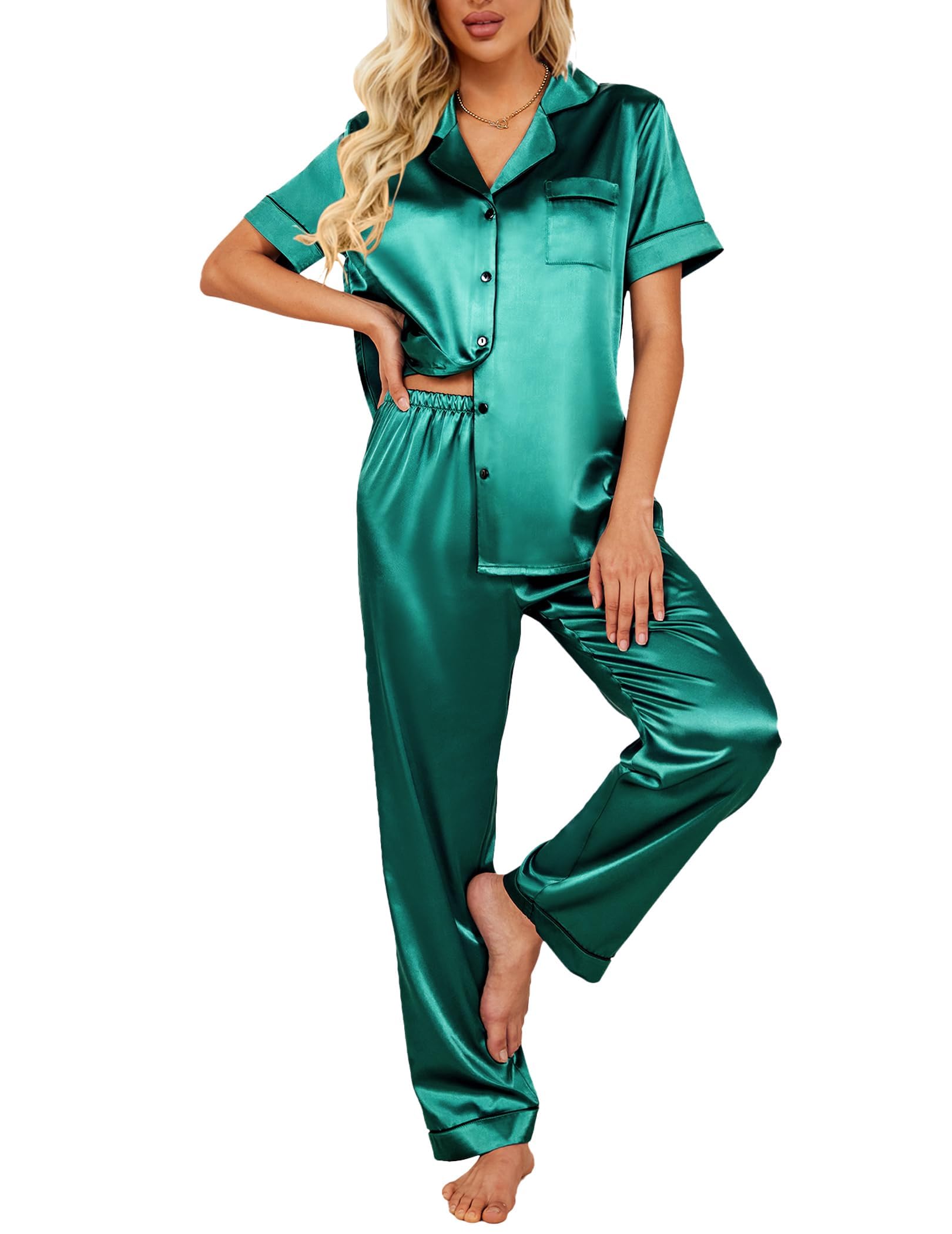 Short Sleeve Silk Satin Pajamas Set