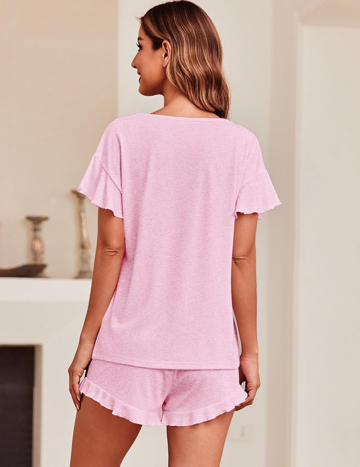 Ekouaer Teddy Ruffle Sleeves Top and Short Soft 2 Piece Set