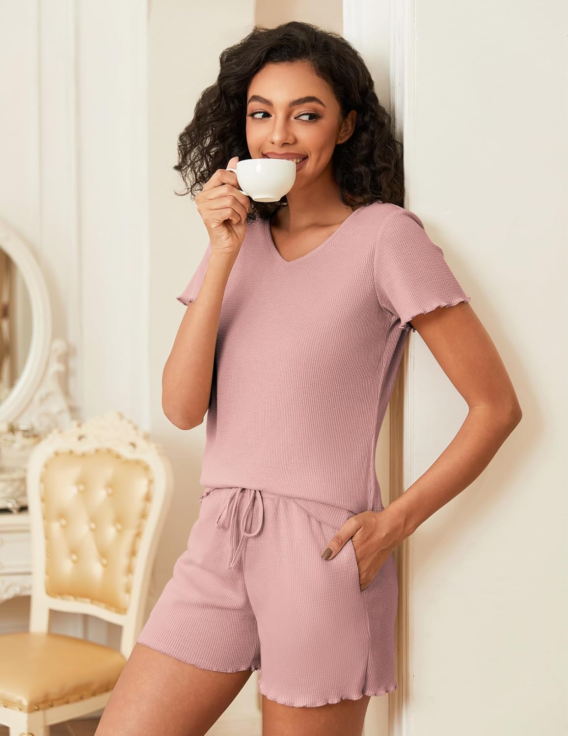 Waffle Knit Lounge Sets Ribbed 2 Piece Outfits