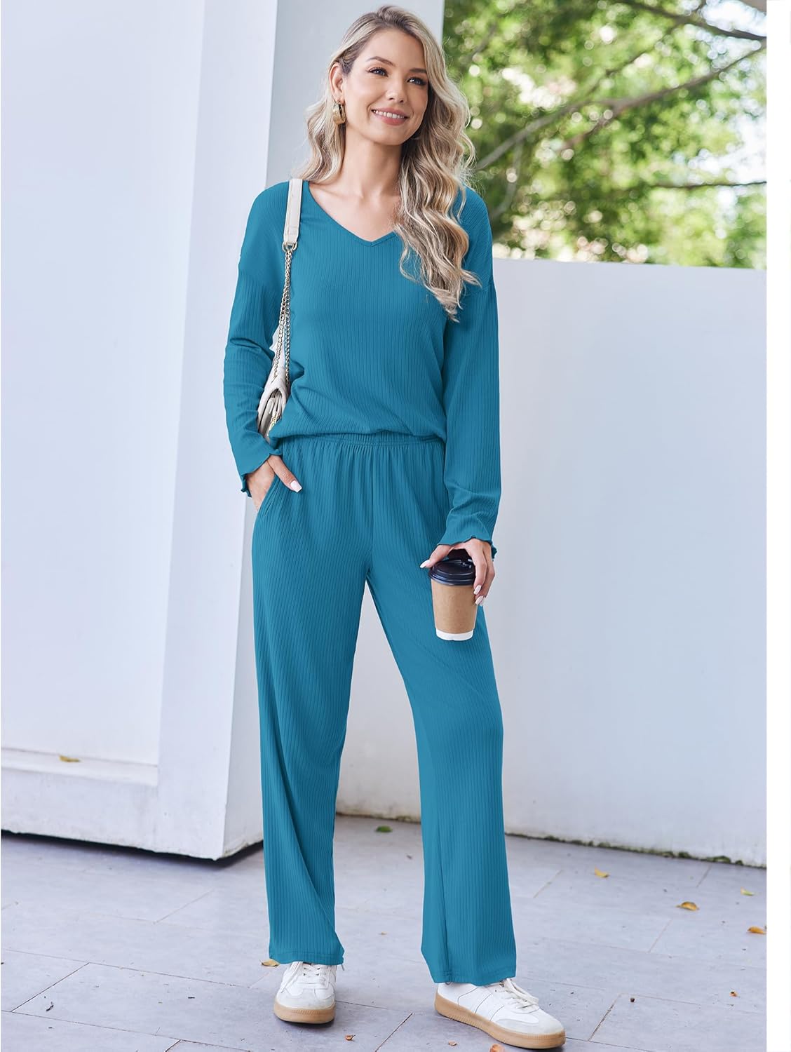 2 Pack Ribbed Knit Pajama Sets V Neck Soft Lounge Sets