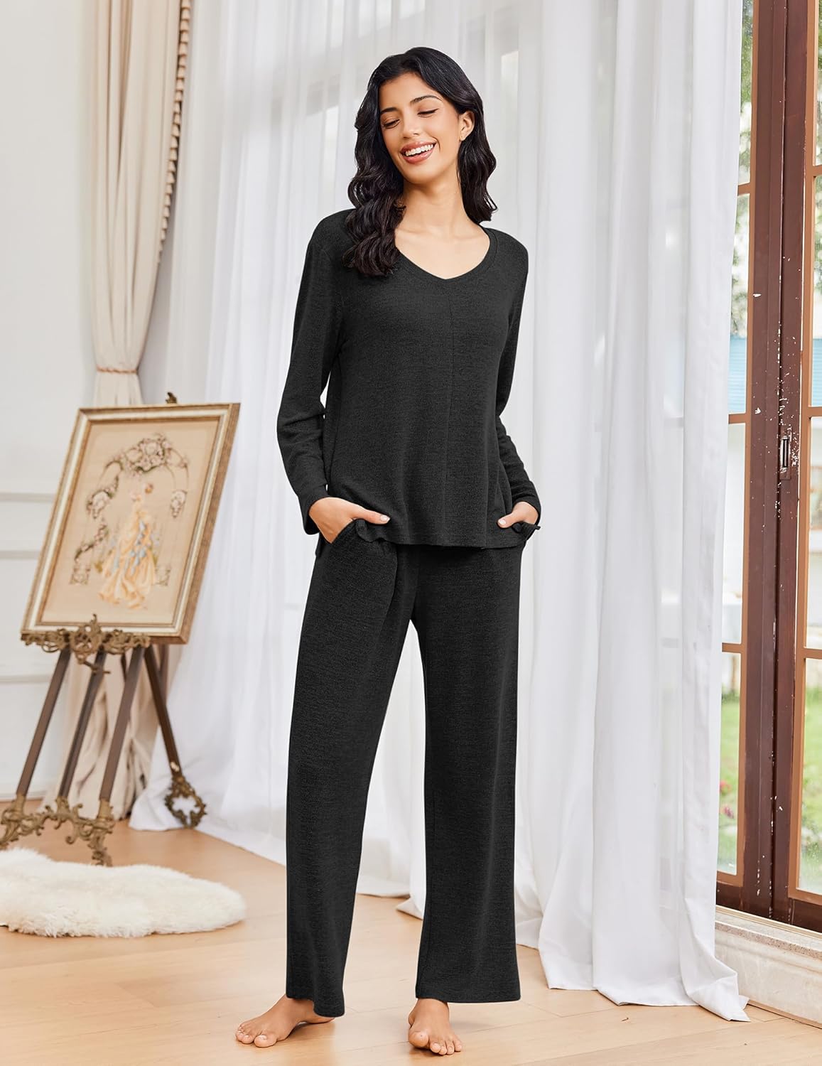 2 Piece Lounge Sets V Neck Matching Pjs Soft Sleepwear