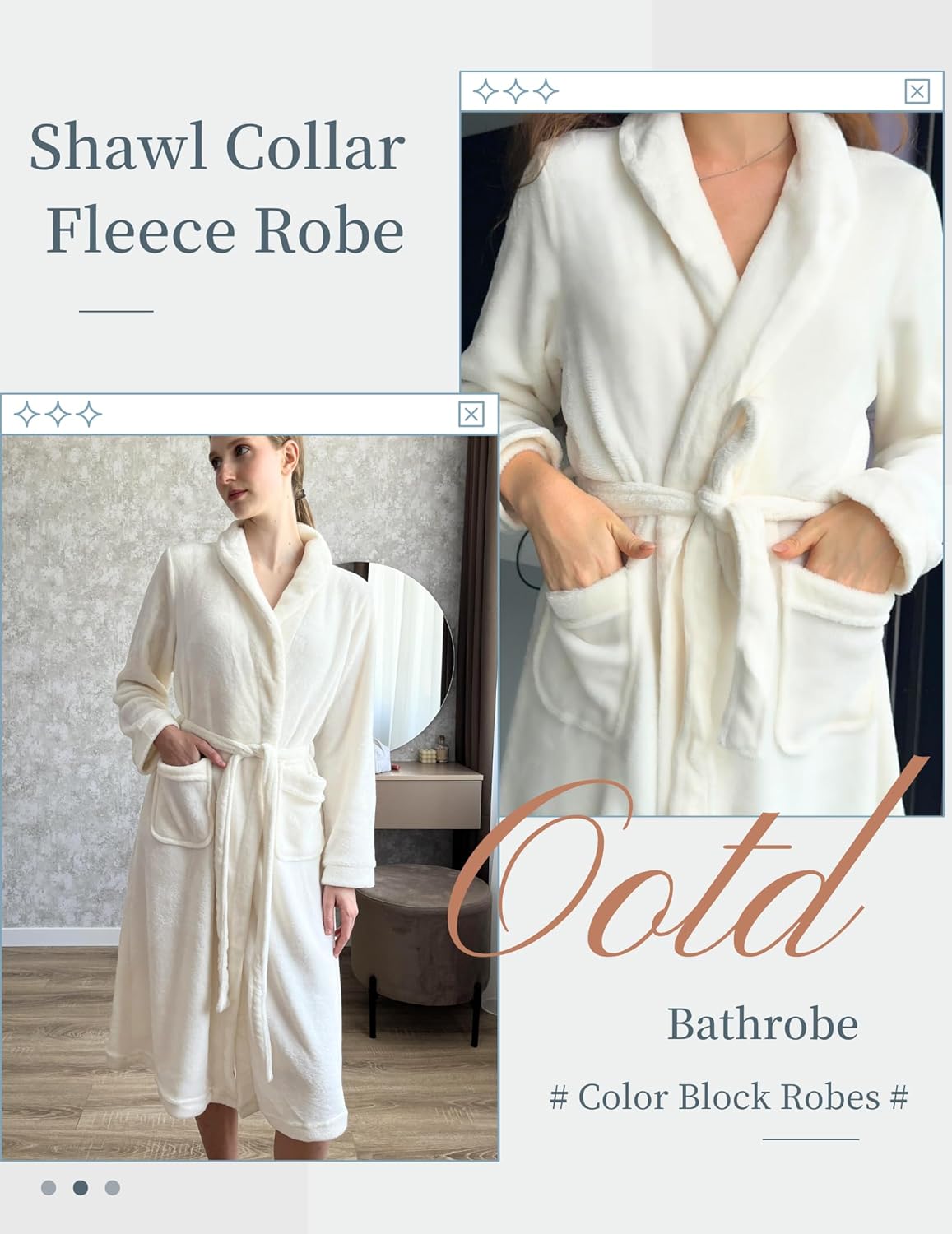 White fleece bathrobe, shawl collar and waist tie with front patch pockets