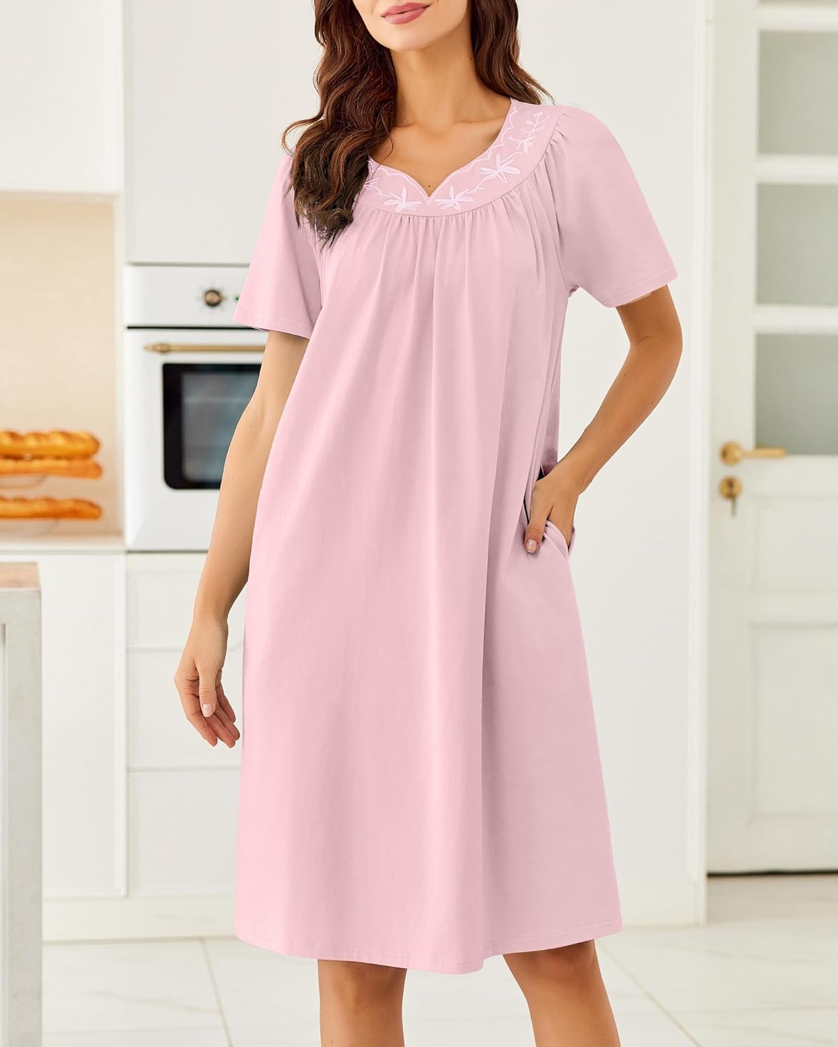 Ekouaer Cotton Nightgown Embroidered Lounge Dress with Pockets