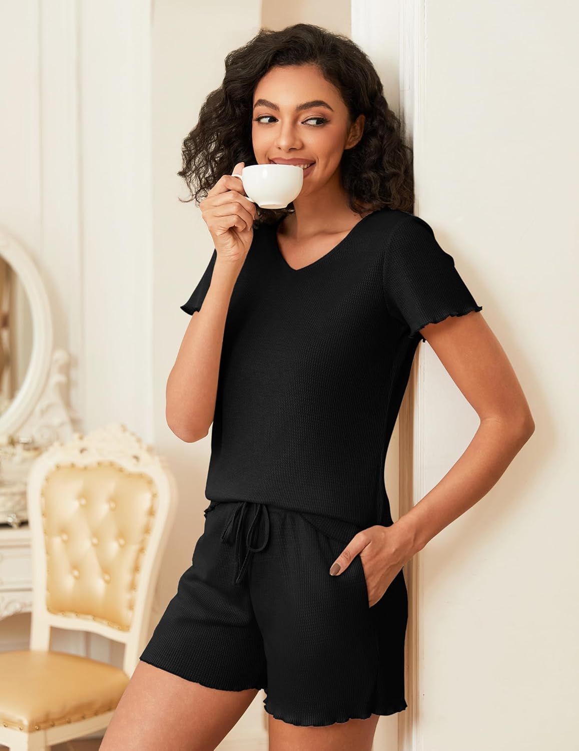 Waffle Knit Lounge Sets Ribbed 2 Piece Outfits