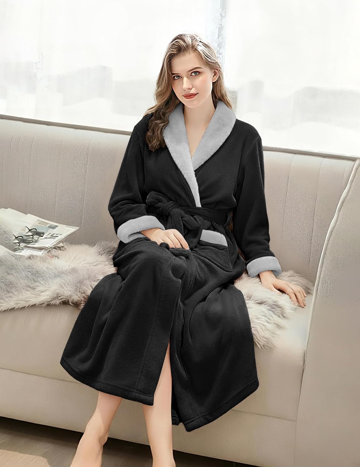 Soft fleece long bathrobe, black with light gray shawl collar and tie belt