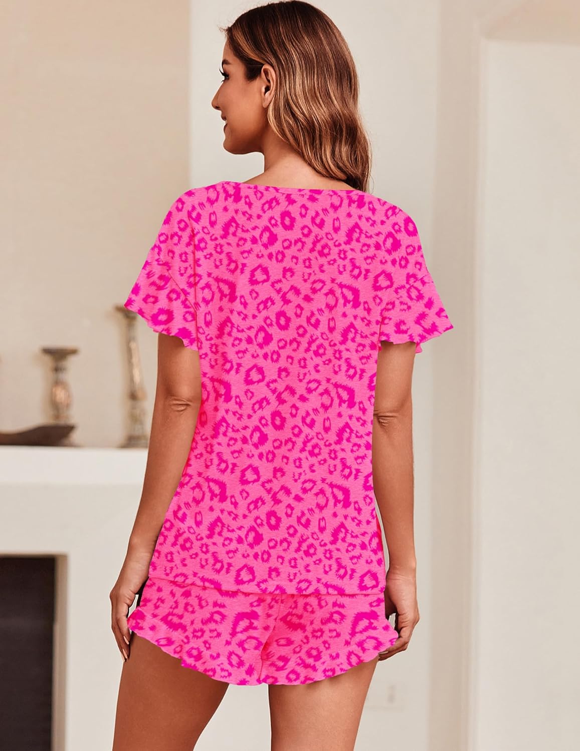 Ekouaer Teddy Ruffle Sleeves Top and Short Soft 2 Piece Set