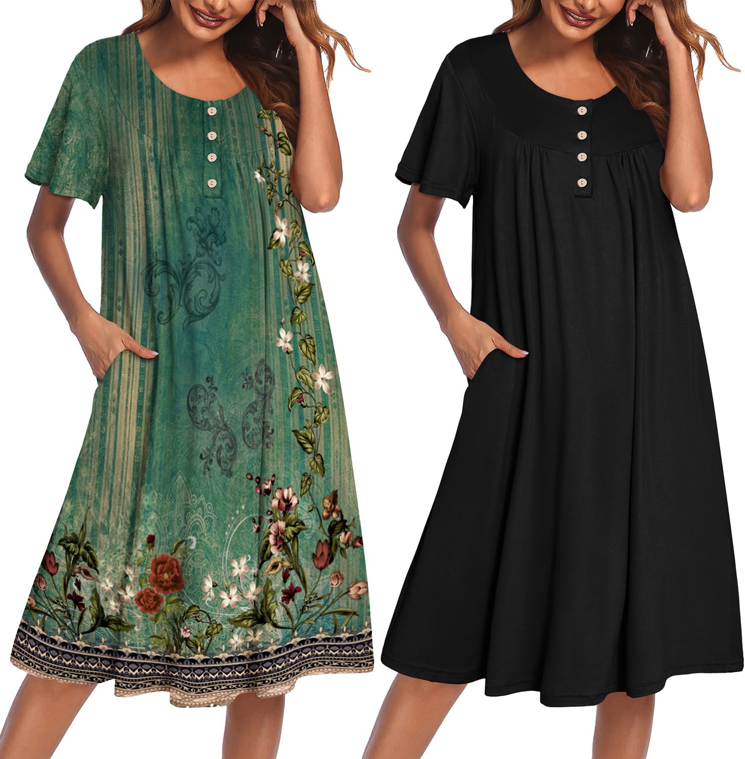2-pack plus size mumu nightgowns: green floral print and black solid, button placket