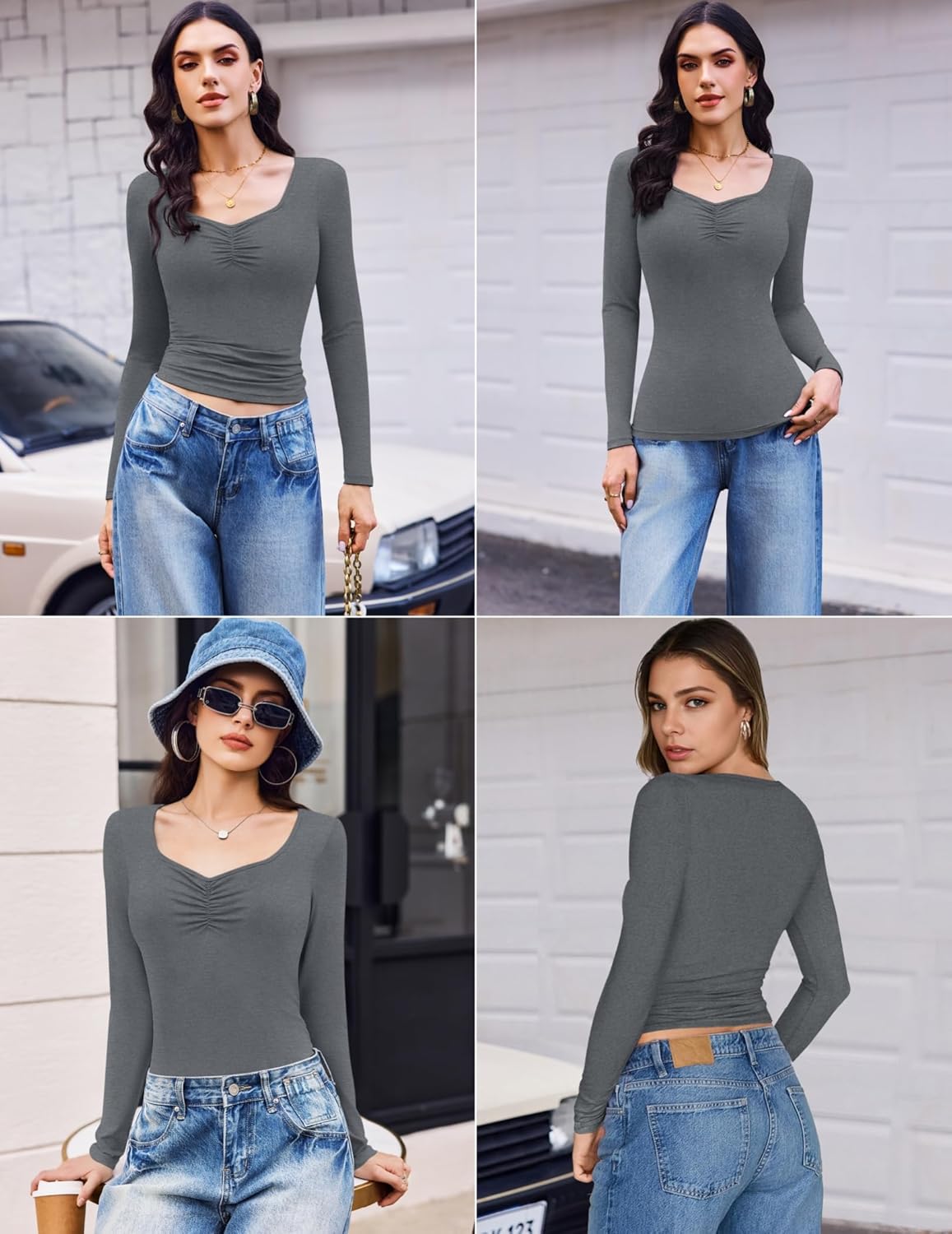 3 Packs Long Sleeve Tops Sweetheart Neck Fitted Shirts