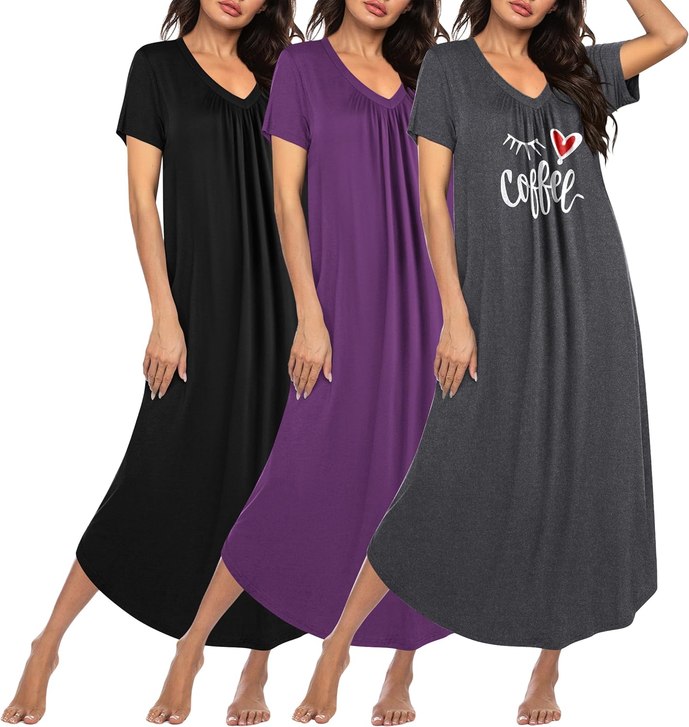 Plus size long nightgown set of three: black, purple, and charcoal “Coffee” graphic.