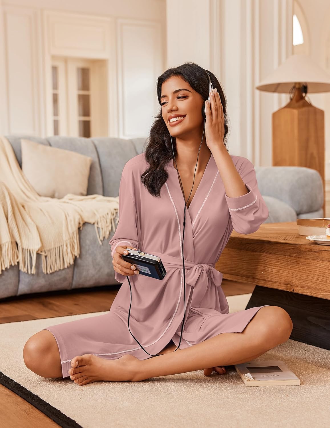 Knee Length Bathrobe Kimono 3/4 Sleeve Soft Robe