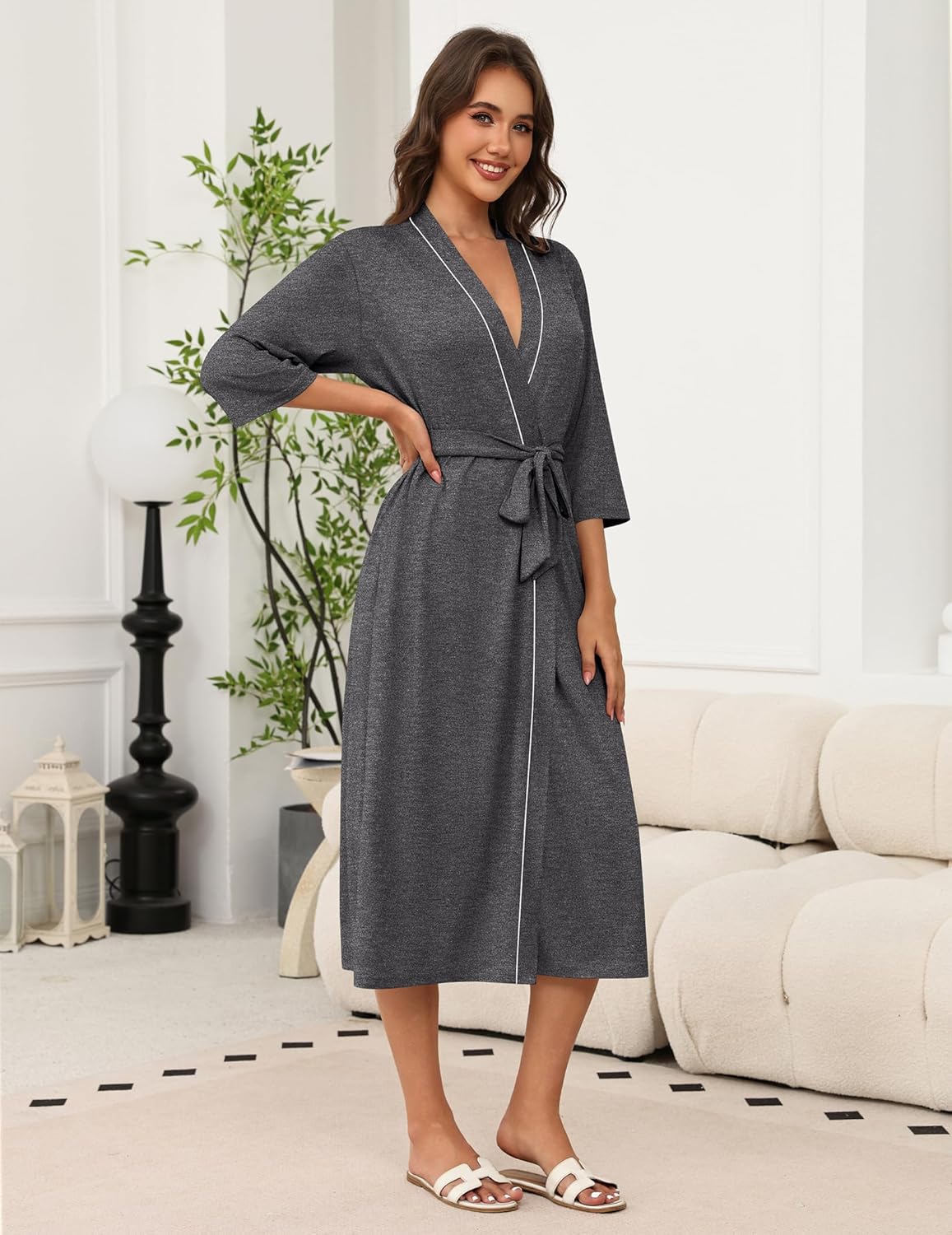 Long Knit Bathrobe Lightweight 3/4 Sleeves Kimono Robe