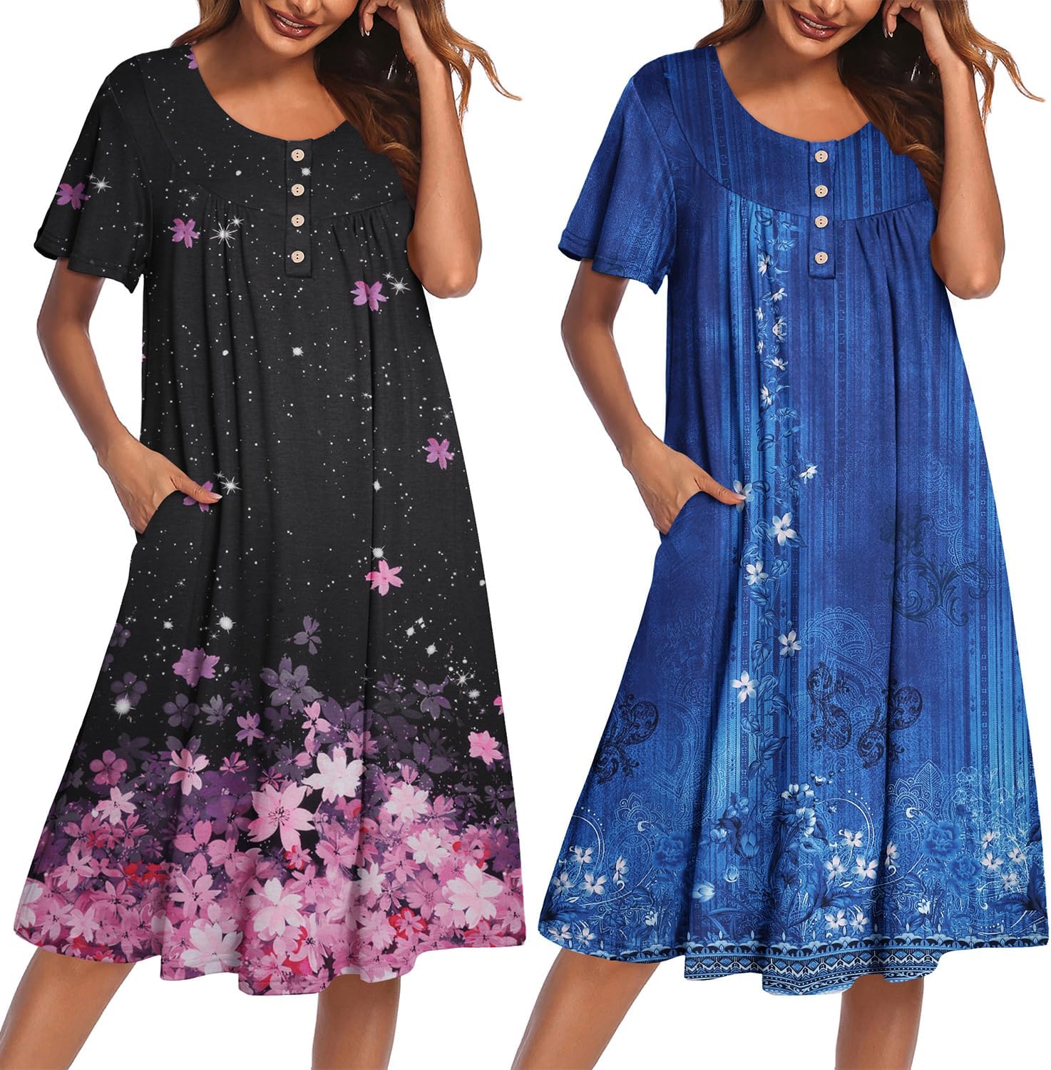 2-pack plus size mumu nightgowns: black with pink flowers and blue floral embroidery