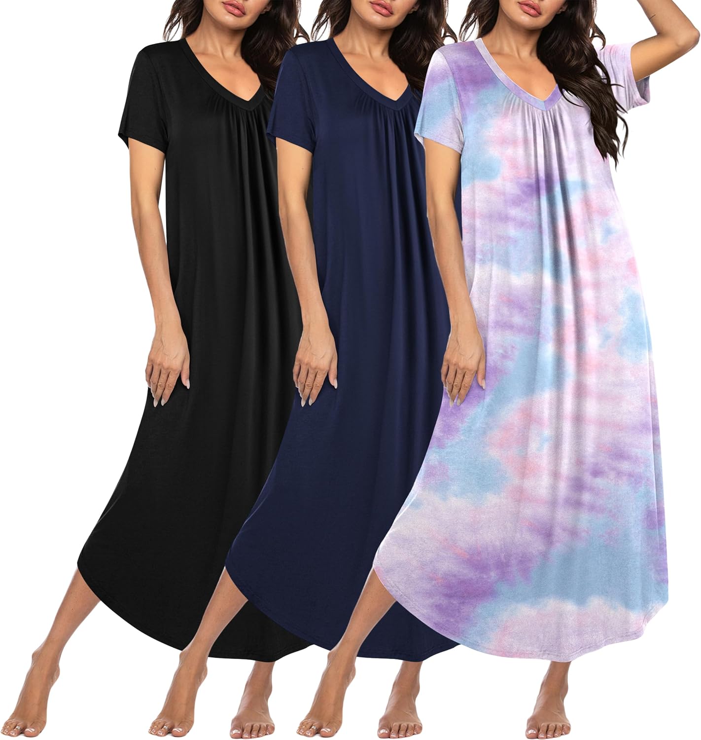 Plus size long nightgown set in black, navy, and purple-blue tie-dye house dress