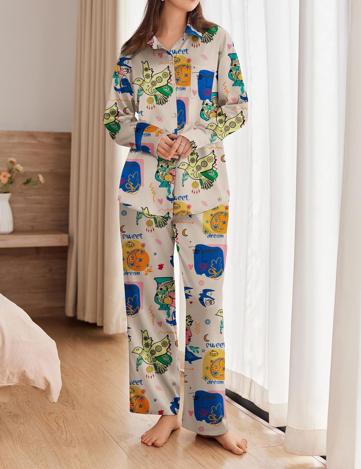 Satin Silky Pajama Set 2 Piece Soft Print PJs Loungewear