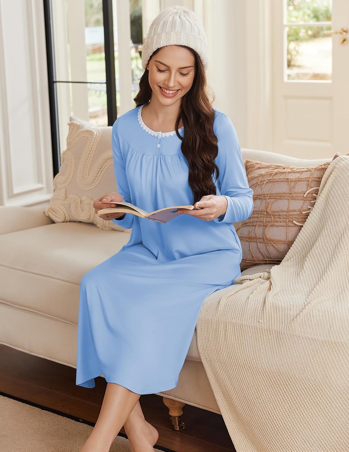 Long Sleeve Long Henley Full Length Sleep Dress