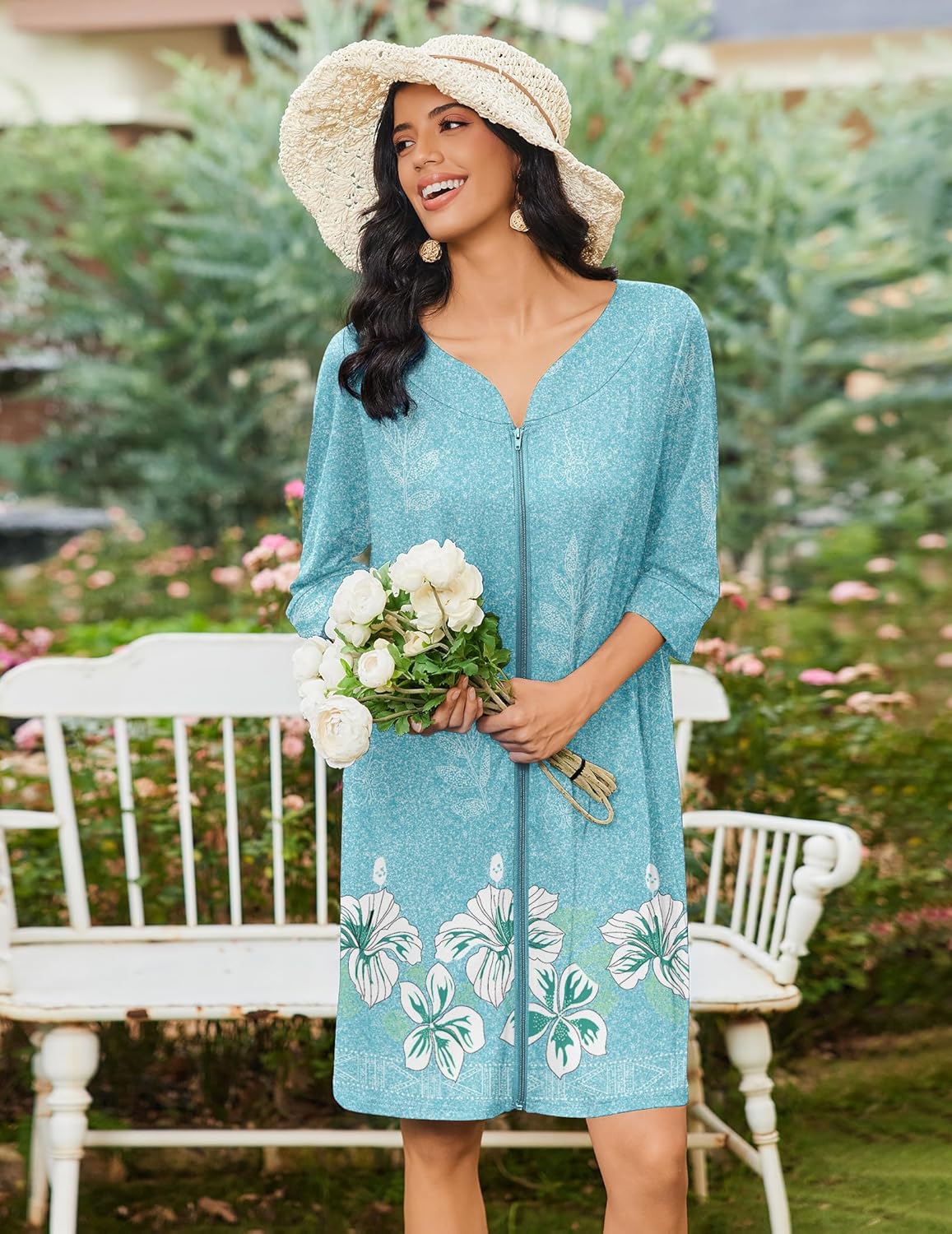 Zipper Robes 3/4 Sleeves Soft Nightgowns