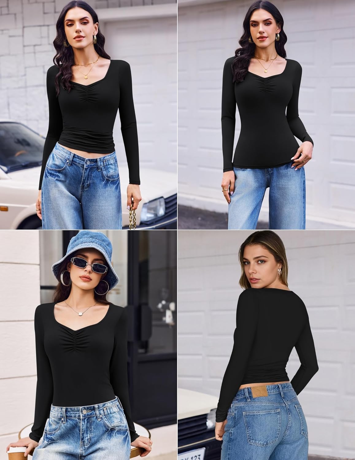 3 Packs Long Sleeve Tops Sweetheart Neck Fitted Shirts