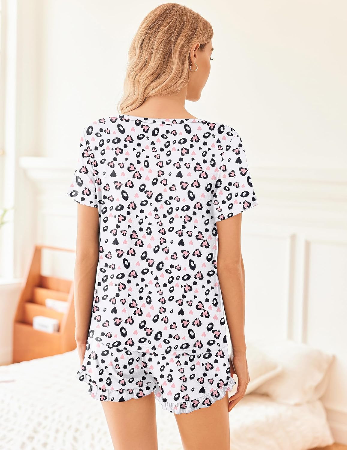 Lounge Set Crew Neck Tops and Ruffle Shorts Pj Sets