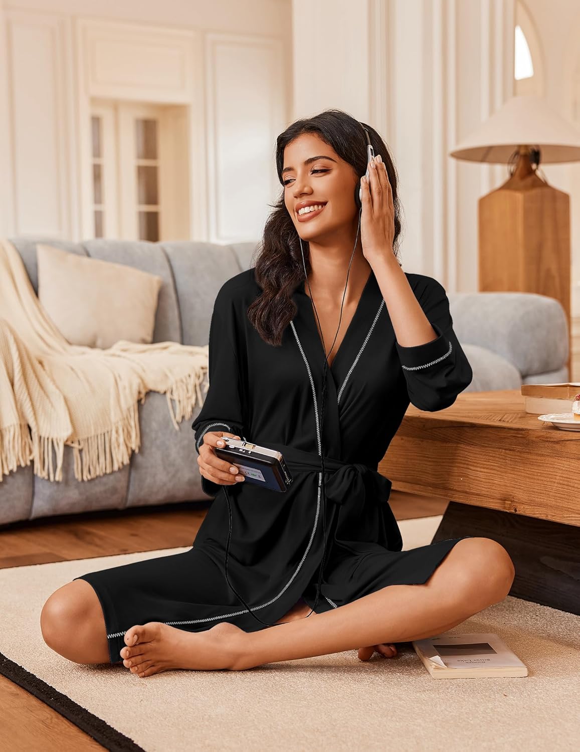 Knee Length Bathrobe Kimono 3/4 Sleeve Soft Robe