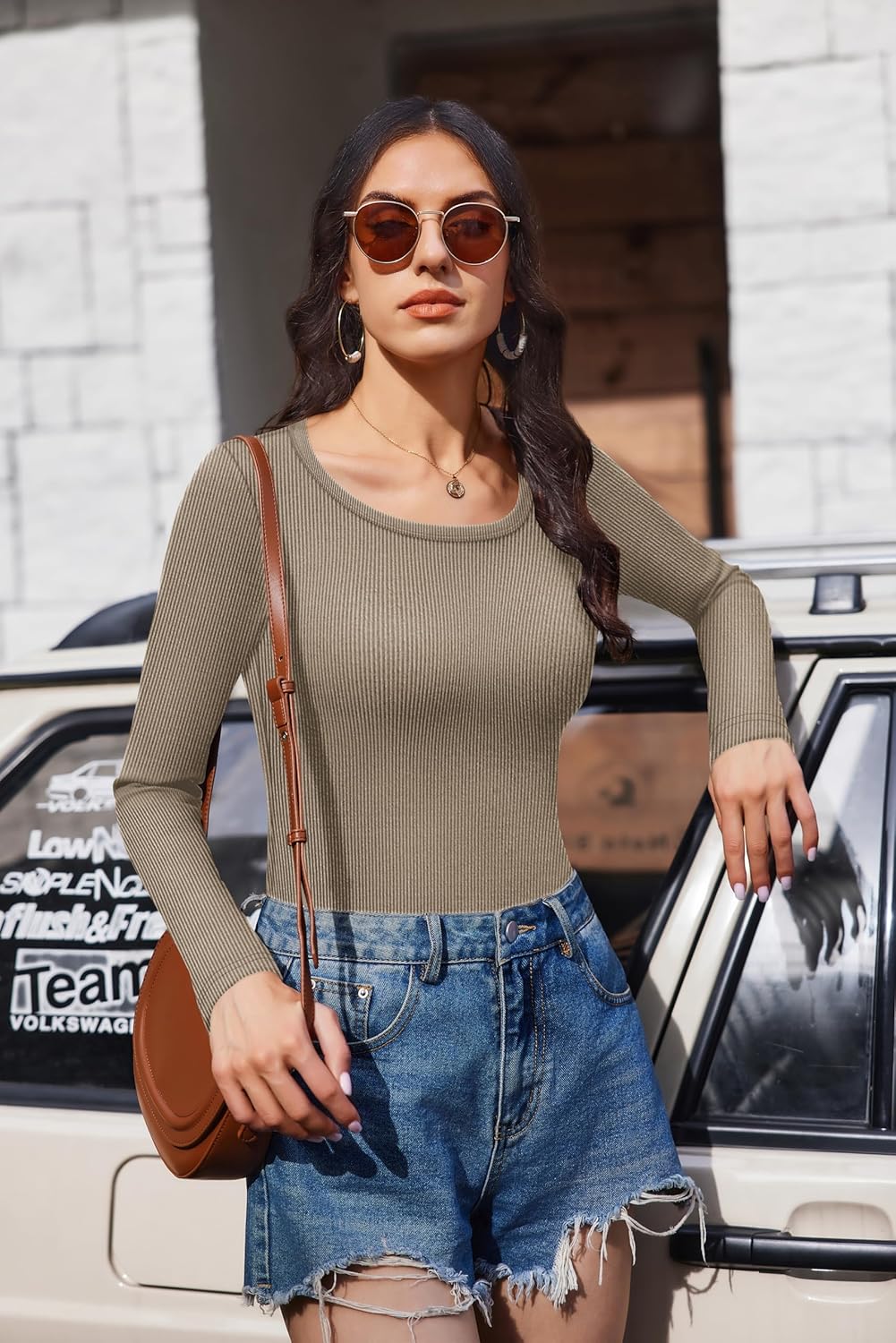 Ekouaer Long Sleeve Shirts Ribbed Scoop Neck Tops