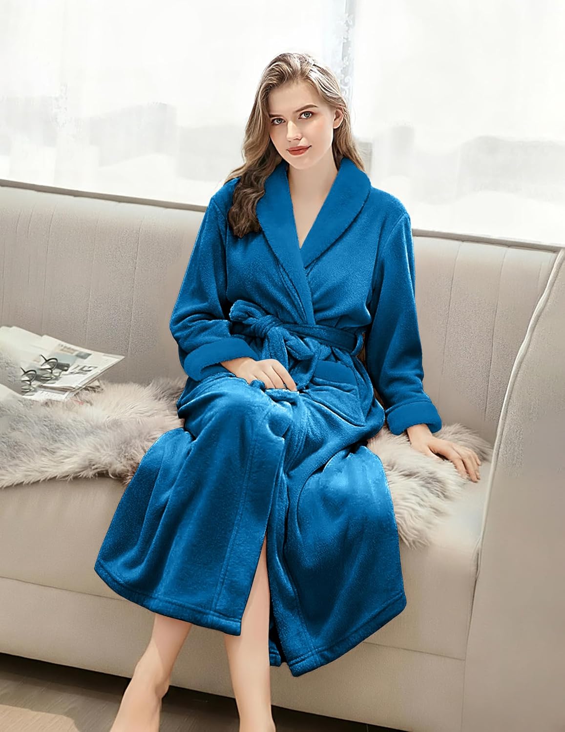 Long fleece shawl-collar robe, vivid blue with matching belt tie and textured cuffs