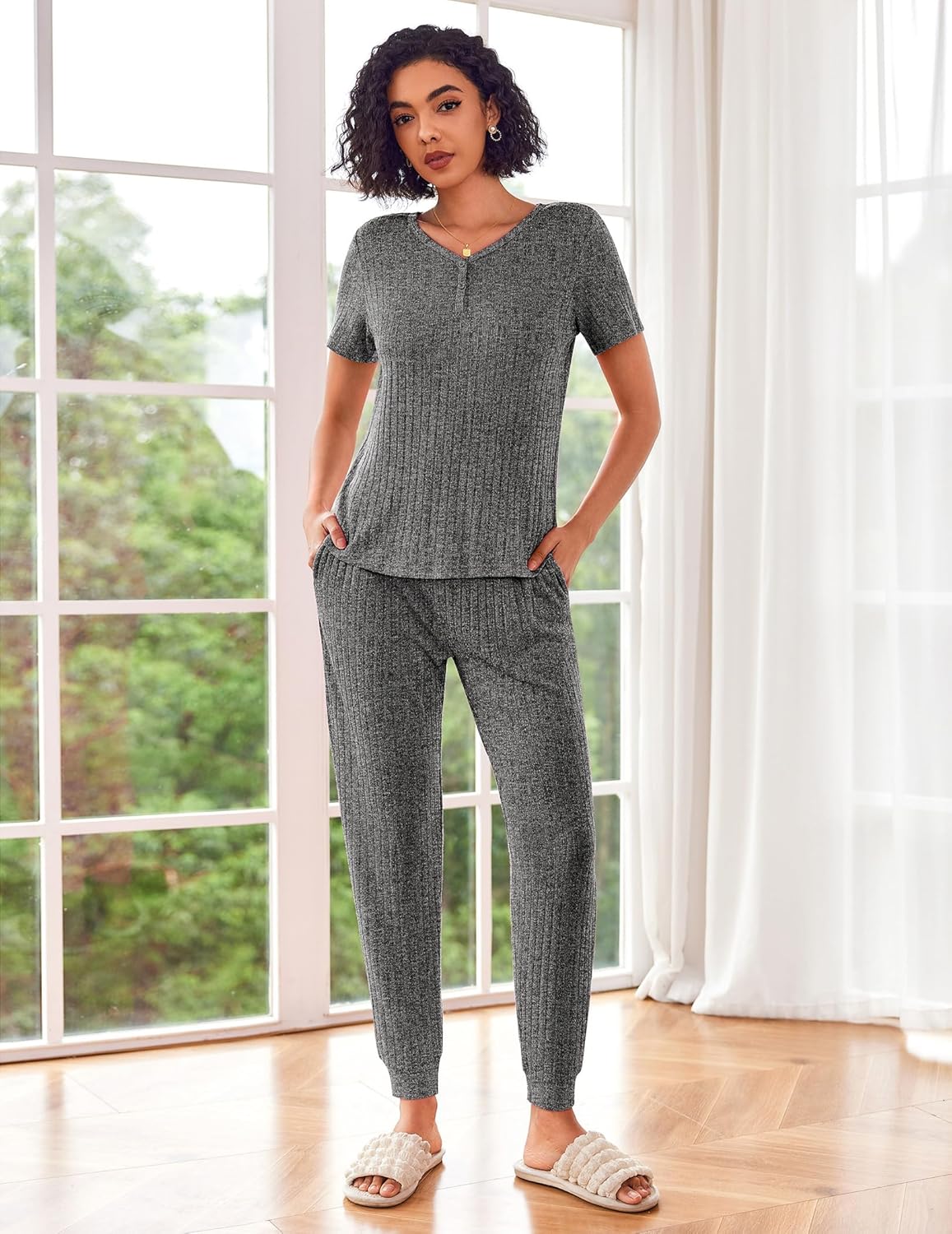 Rib Knit Lounge Set Jogger Pants 2 Piece Outfits Set