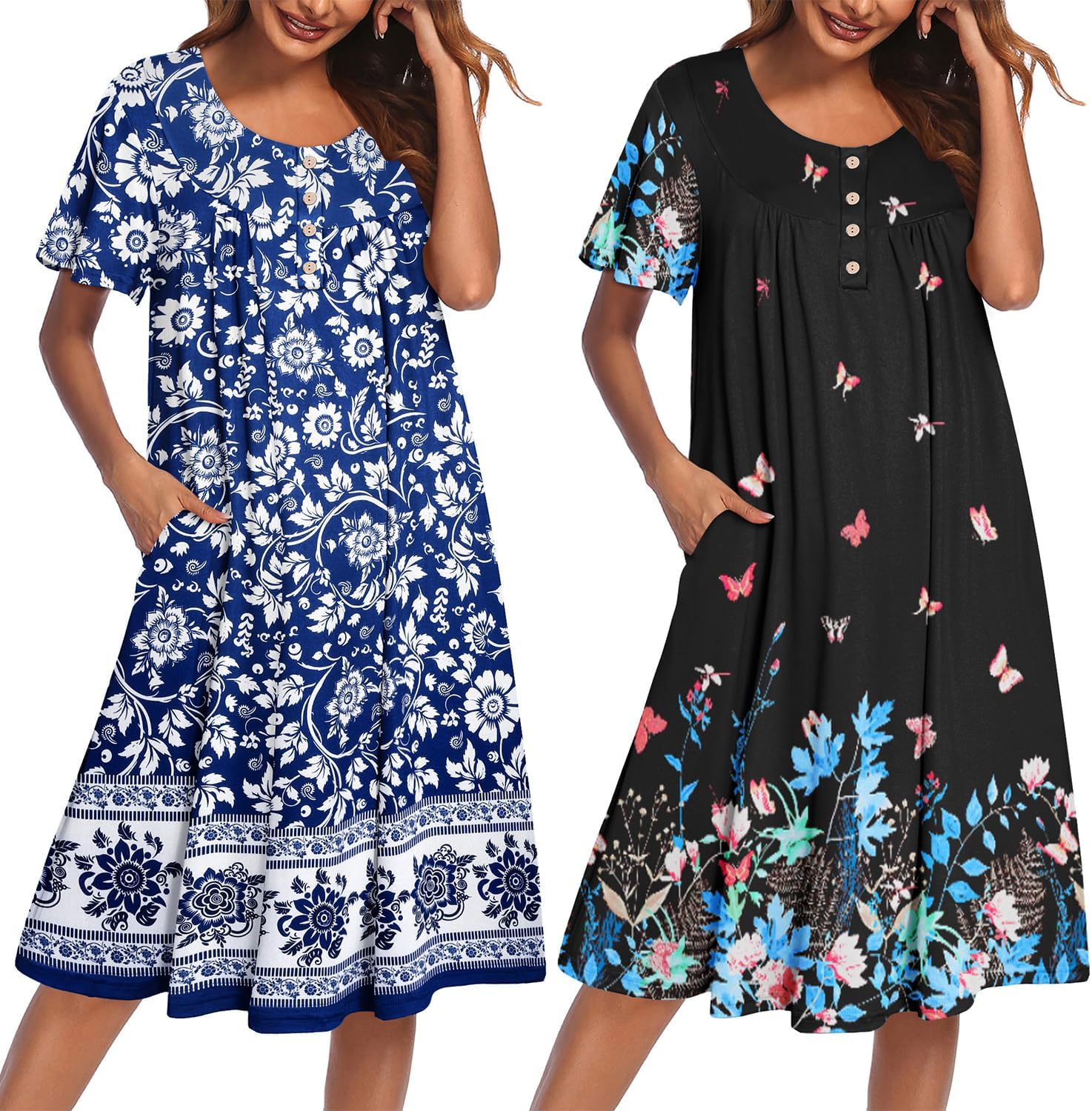 2-pack plus size mumu nightgowns: blue/white floral and black butterfly print, buttons