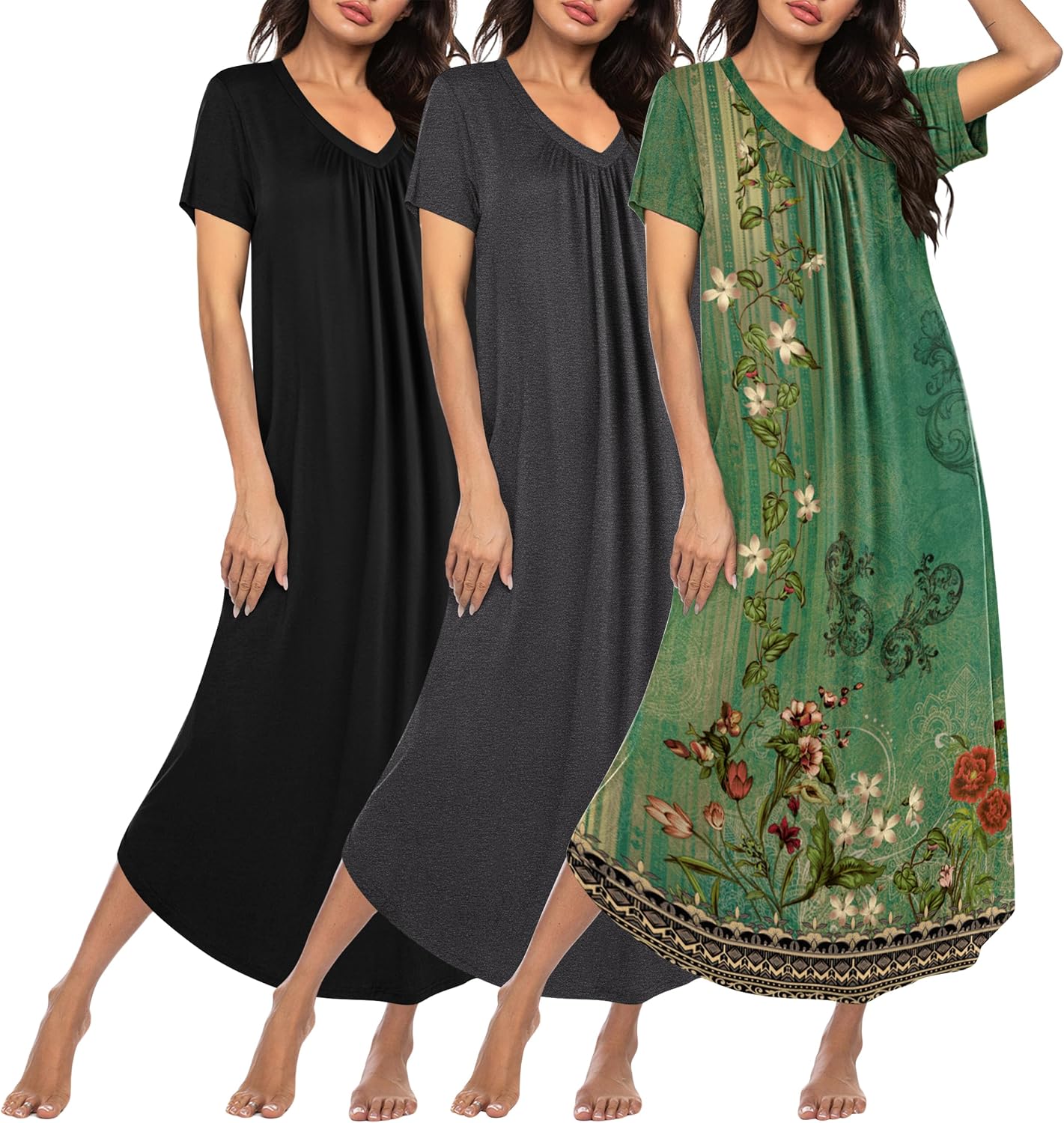Plus size long nightgown set, black, charcoal, and green floral print house dress
