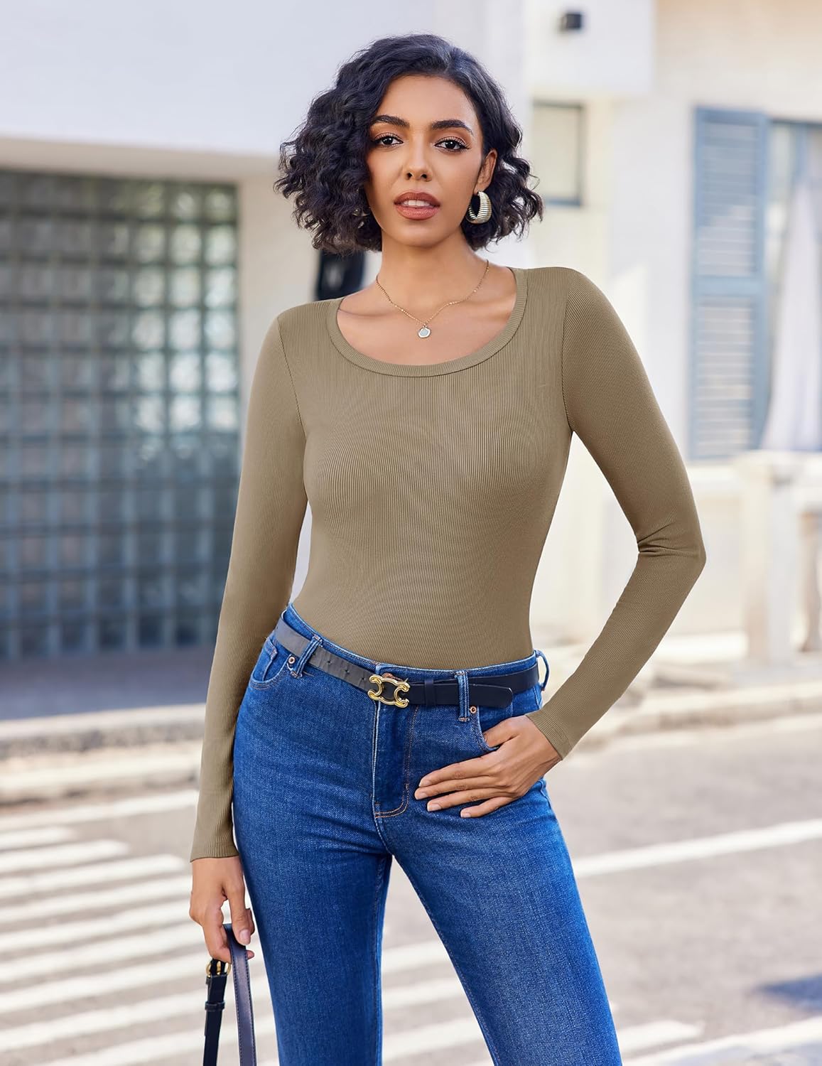 Ekouaer Long Sleeve Shirts Ribbed Scoop Neck Tops