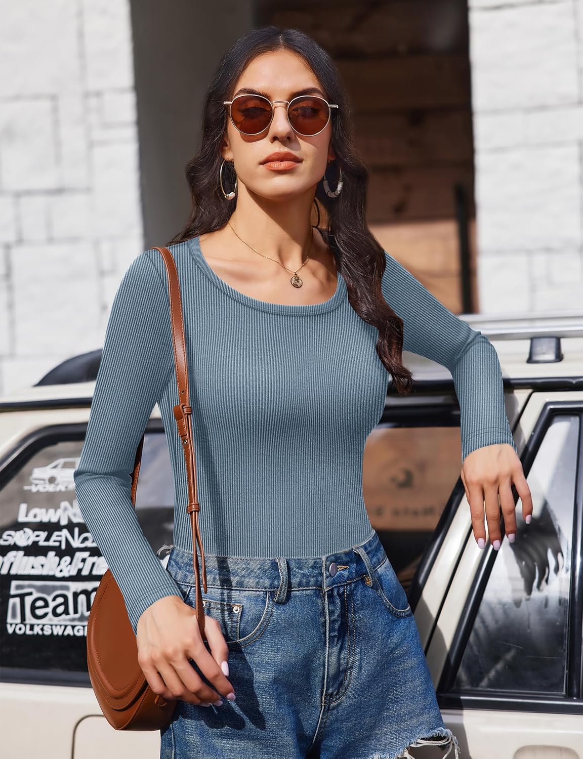 Ekouaer Long Sleeve Shirts Ribbed Scoop Neck Tops