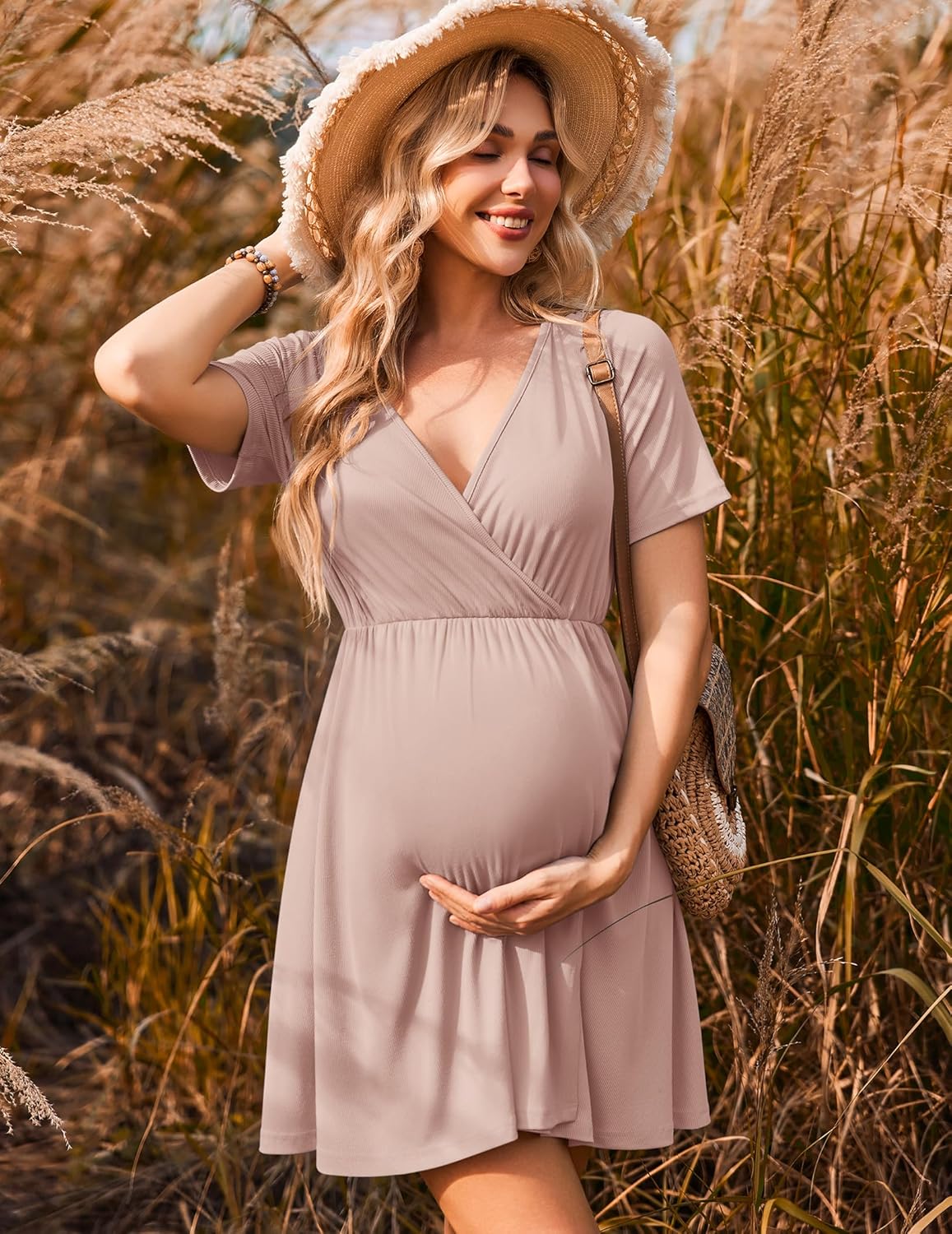 Maternity Nursing Dress V Neck Ribbed Dresses