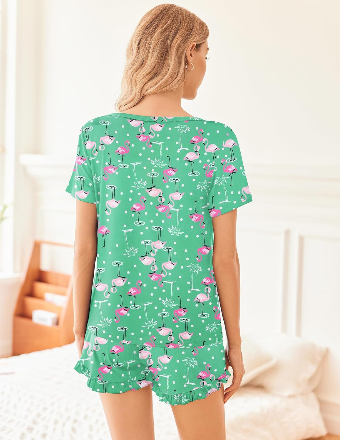 Lounge Set Crew Neck Tops and Ruffle Shorts Pj Sets