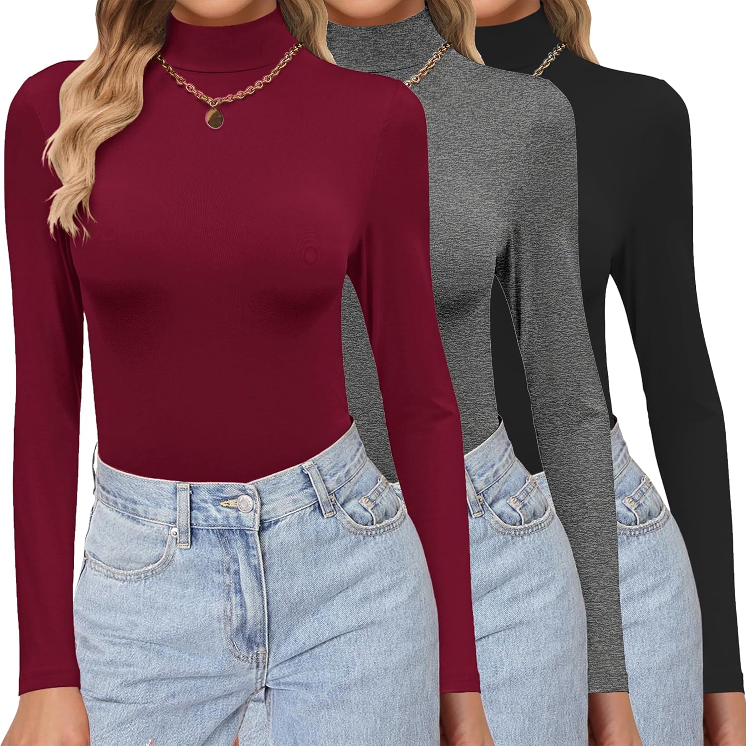 Ekouaer 3 Pack Turtleneck Shirts Long Sleeve Mock Tops