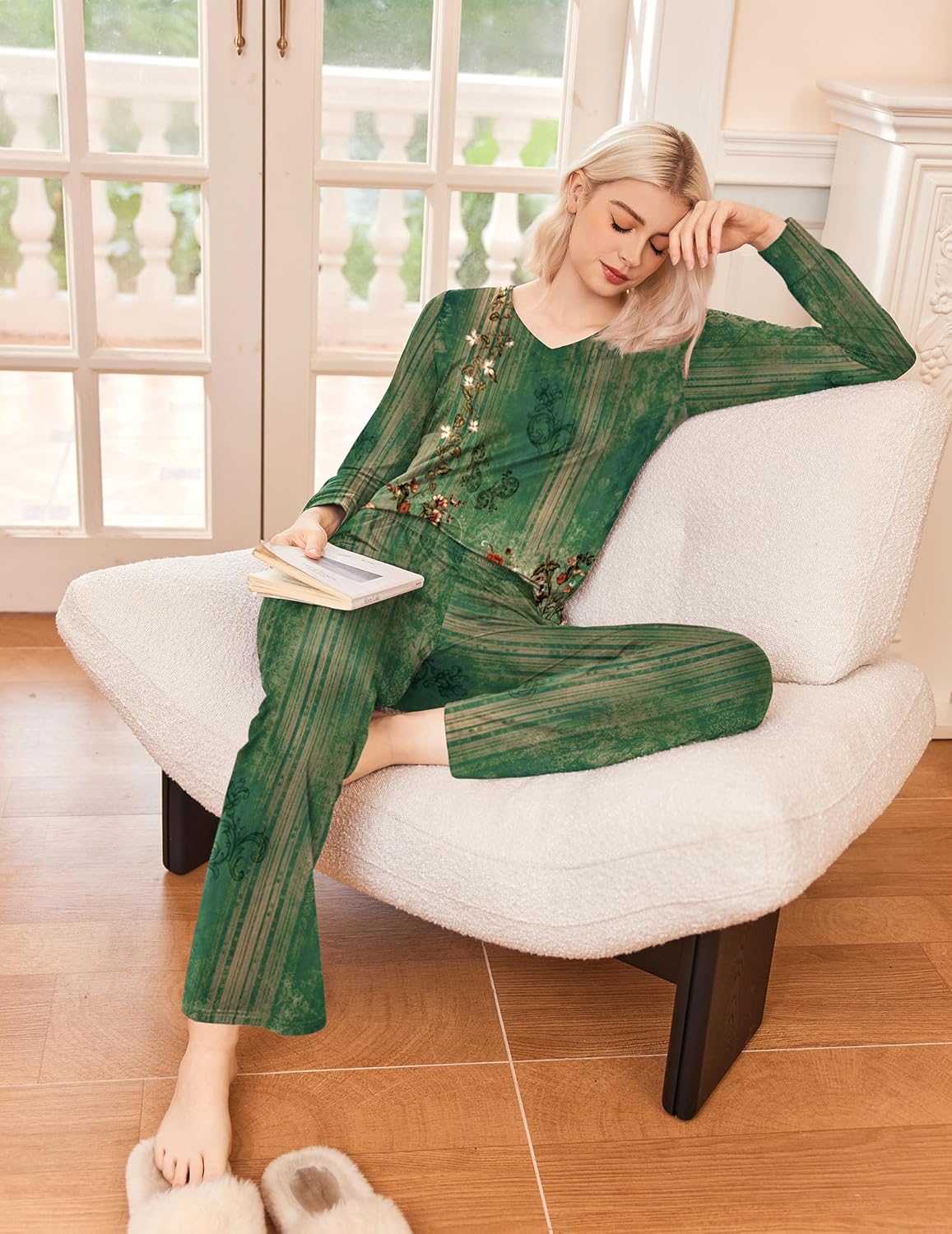 Long Sleeve Pleated V Neck Sleepwear with Pockets