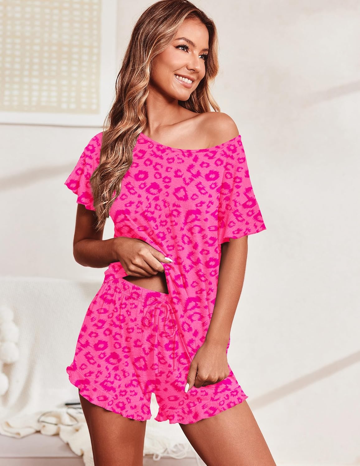 Ekouaer Teddy Ruffle Sleeves Top and Short Soft 2 Piece Set