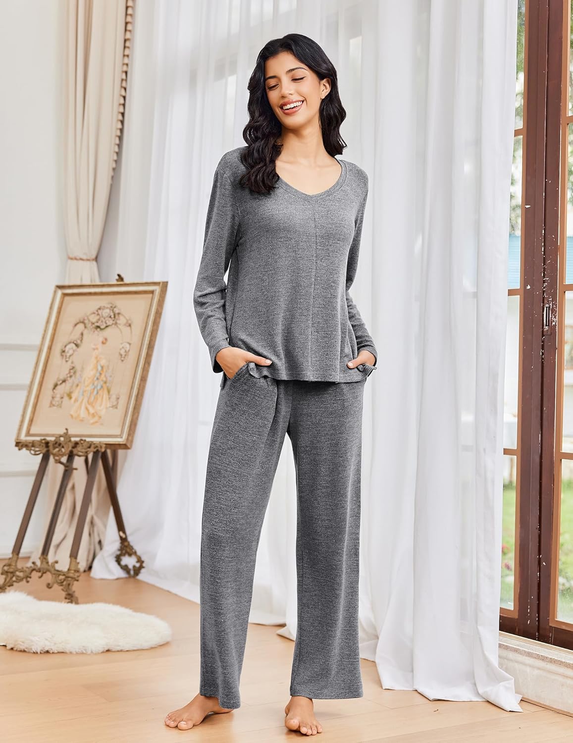 2 Piece Lounge Sets V Neck Matching Pjs Soft Sleepwear