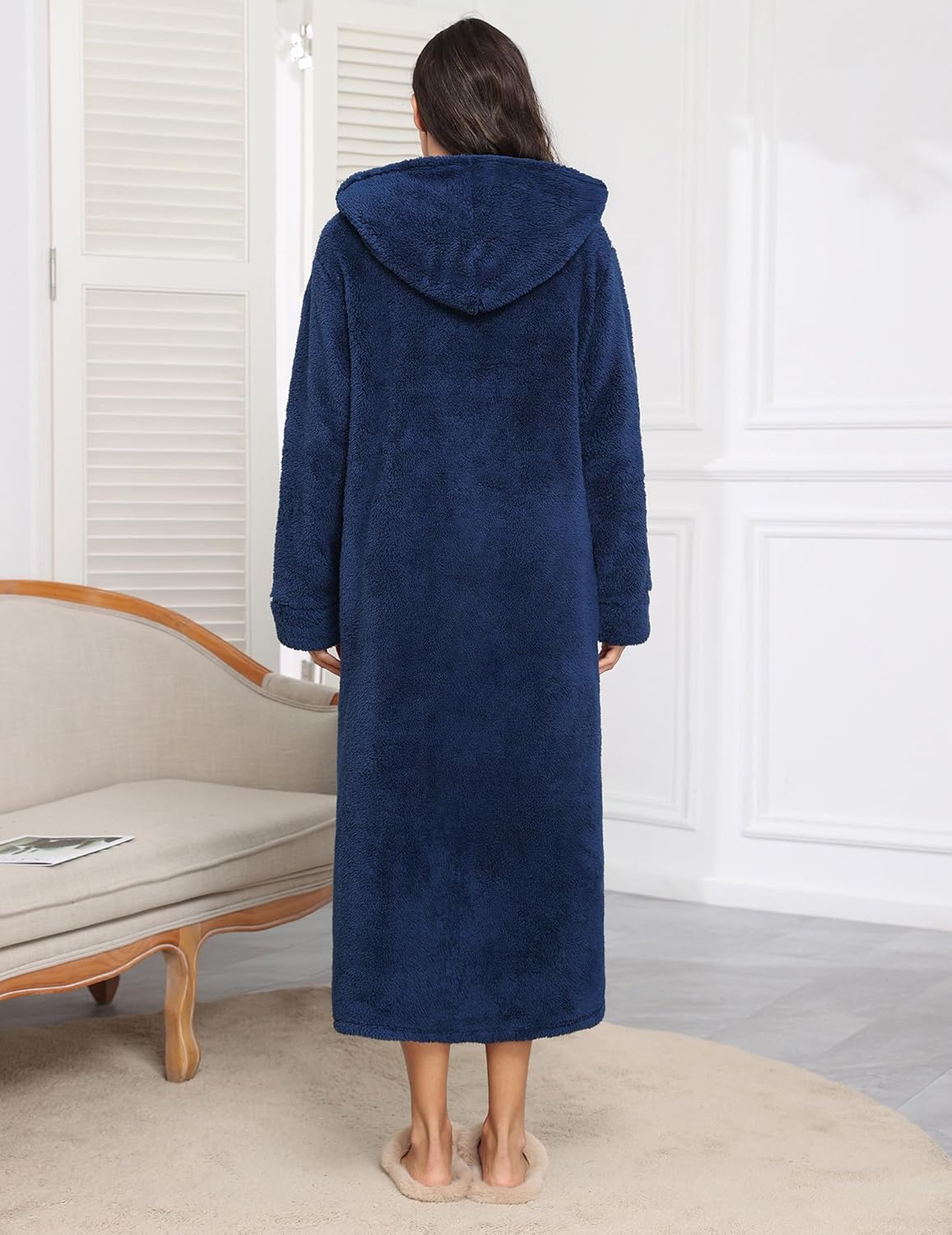 Fleece Robes Hooded Plush Zipper Front Long Bathrobe