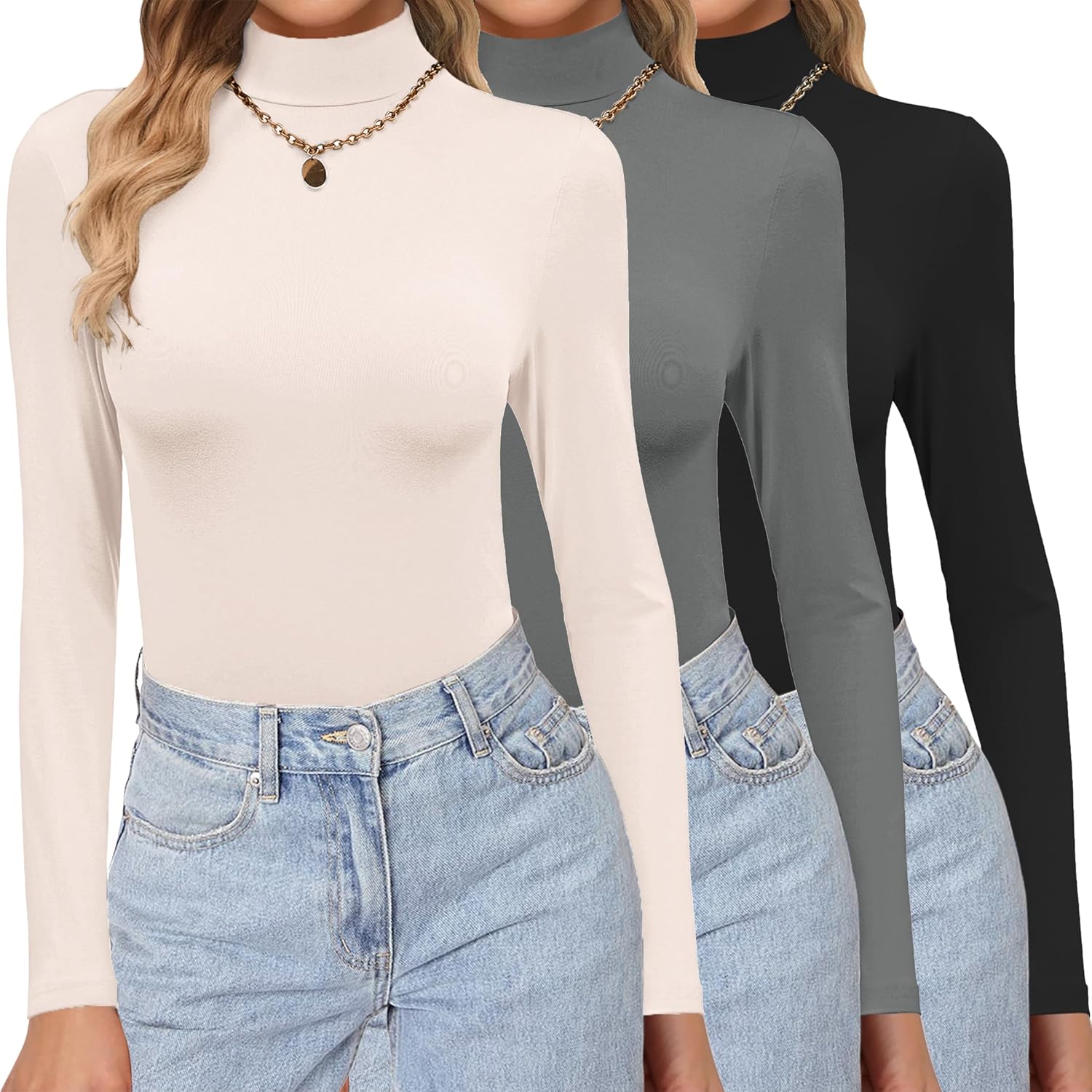 Ekouaer 3 Pack Turtleneck Shirts Long Sleeve Mock Tops