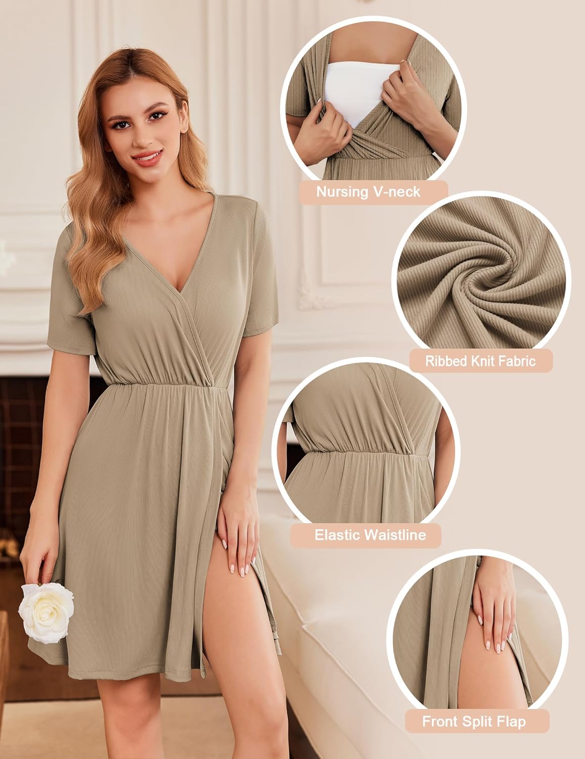 Maternity Nursing Dress V Neck Ribbed Dresses