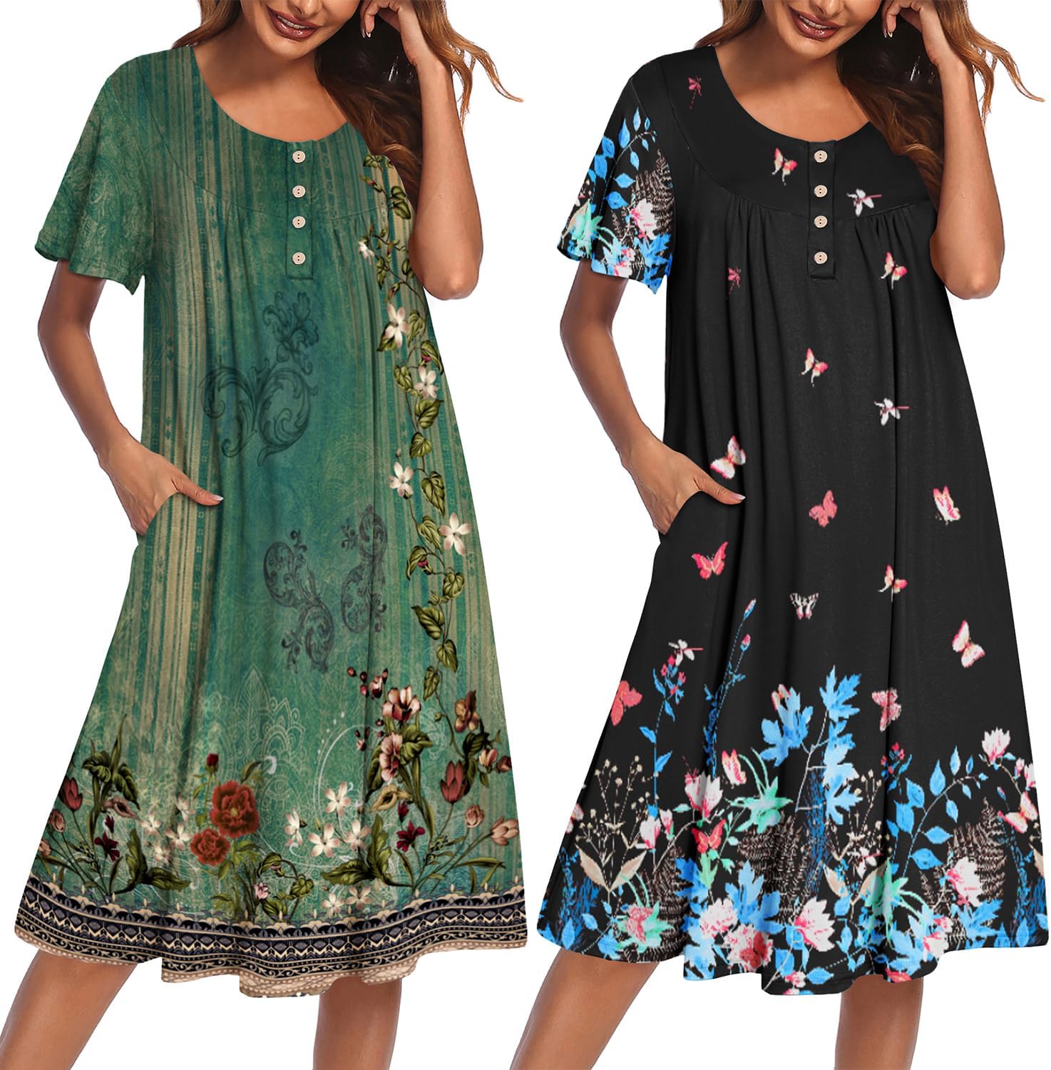 2-pack plus size mumu nightgowns: green floral print and black butterfly print, buttons