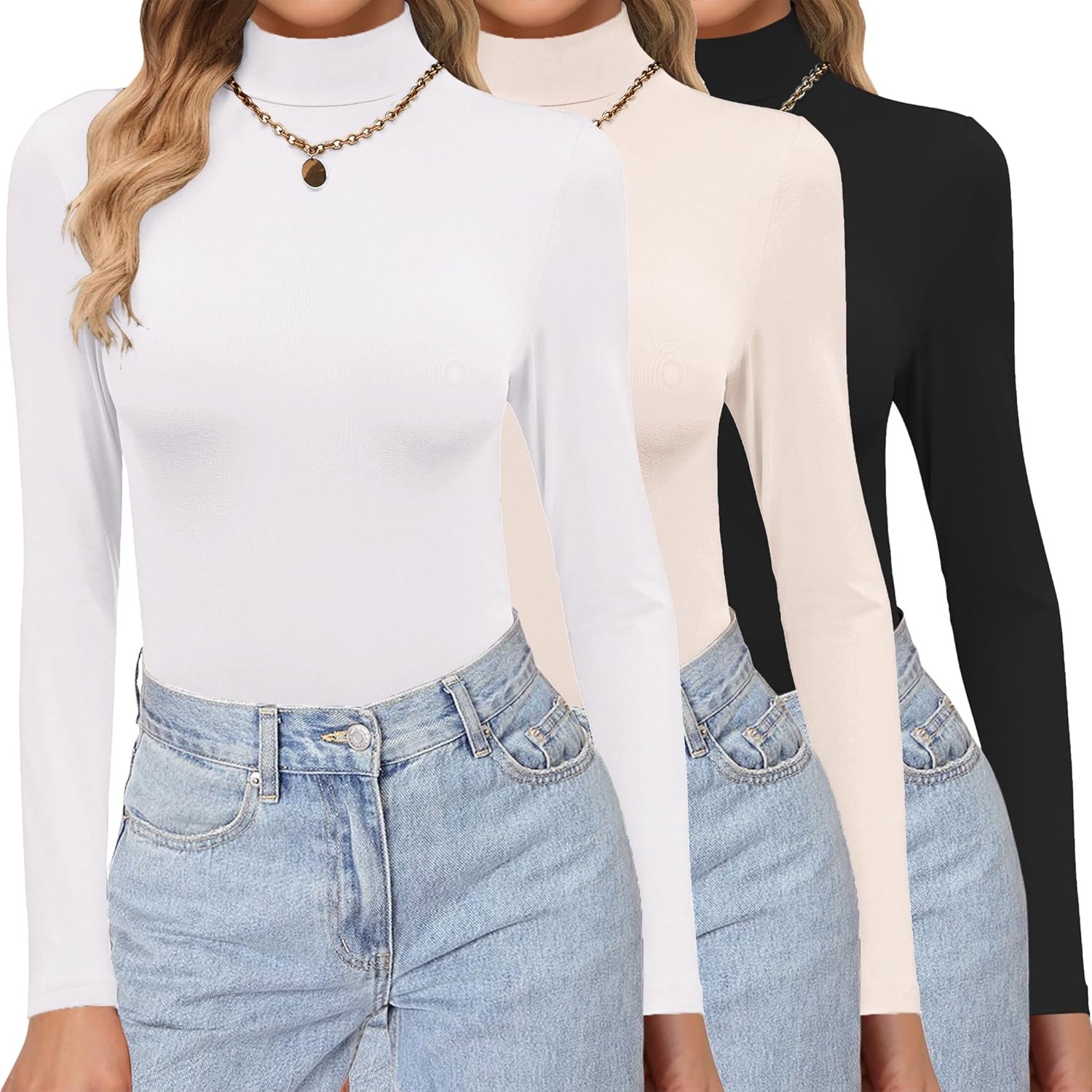 Ekouaer 3 Pack Turtleneck Shirts Long Sleeve Mock Tops