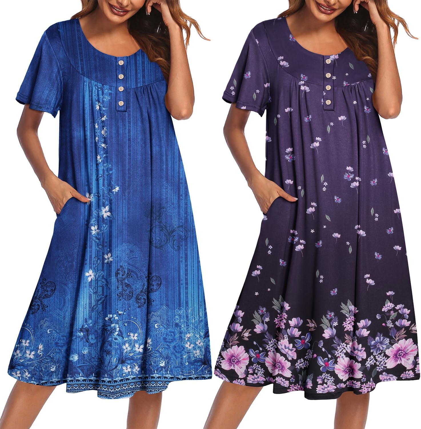 2-pack plus size mumu nightgowns: blue embroidery-style print and purple floral, buttons