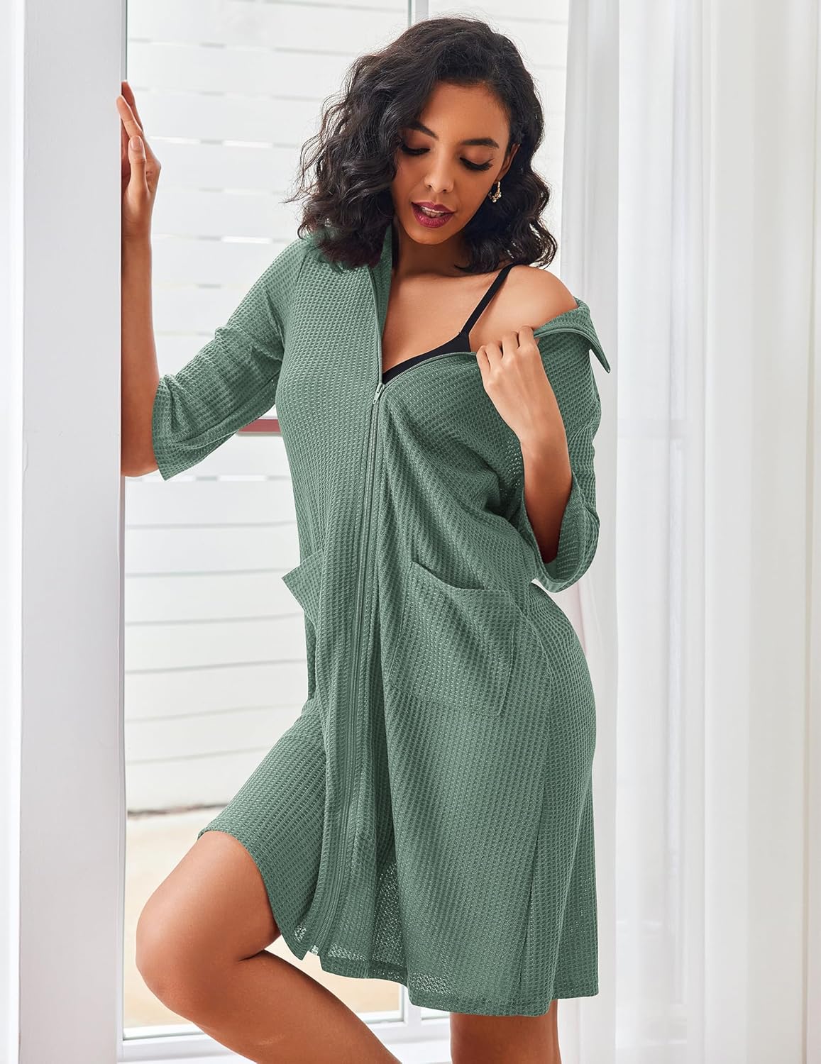 Ekouaer Zipper Robes Waffle Knit Bathrobes with Pockets